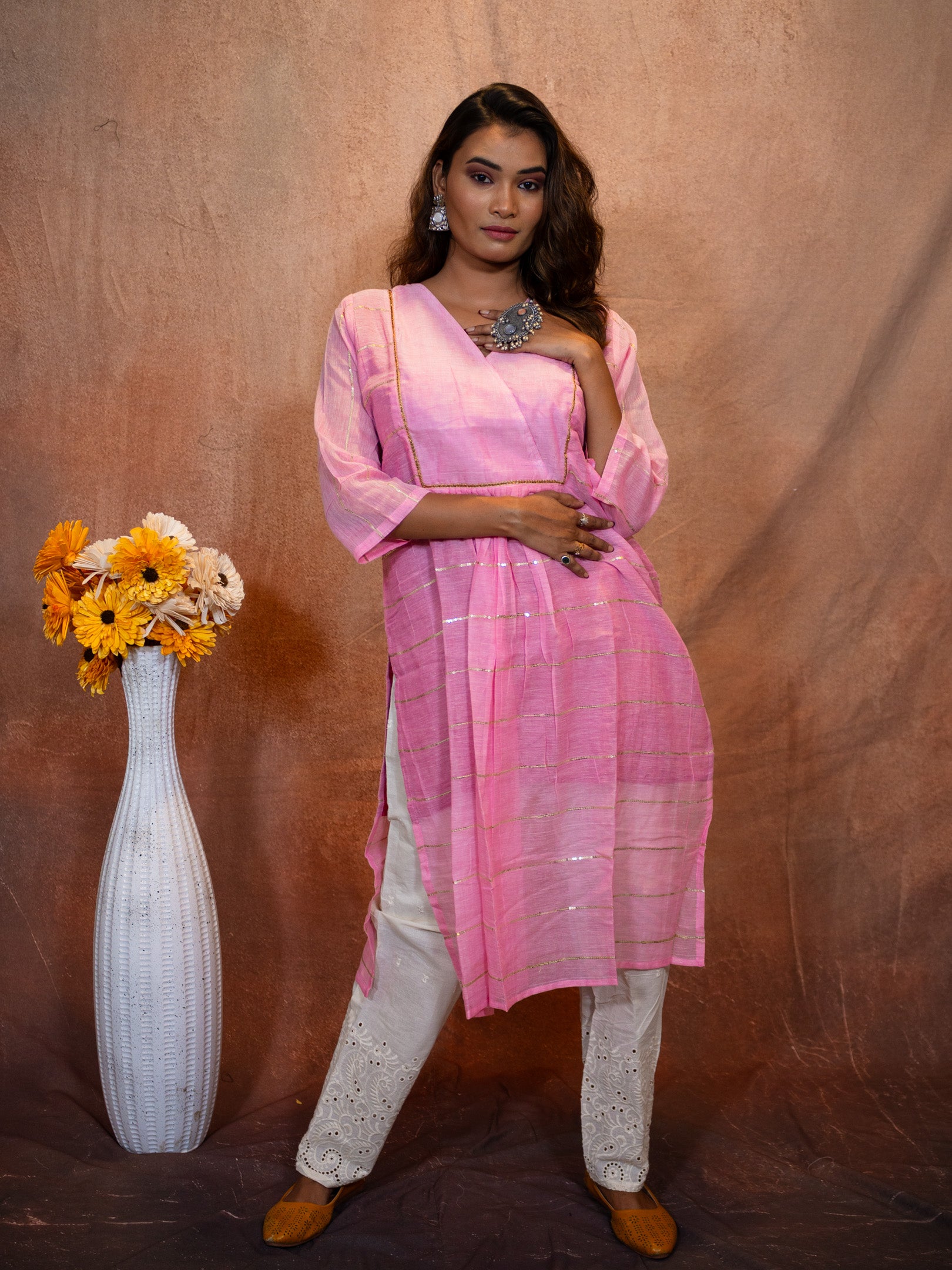 Thulian Pink Sequence Flare Cotton Kurta
