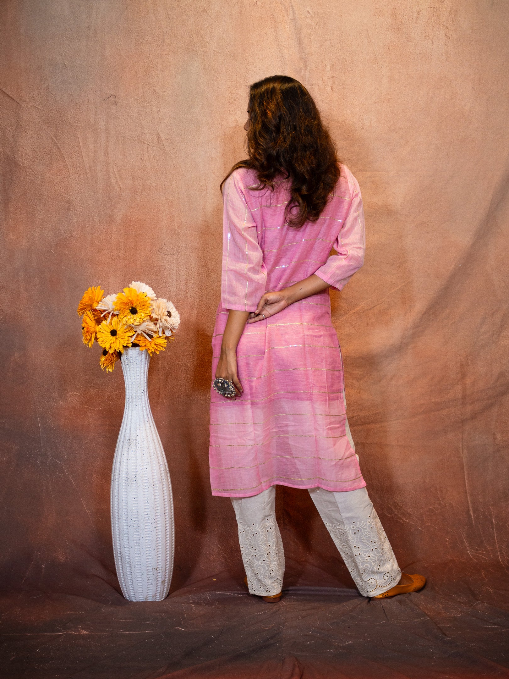 Thulian Pink Sequence Flare Cotton Kurta