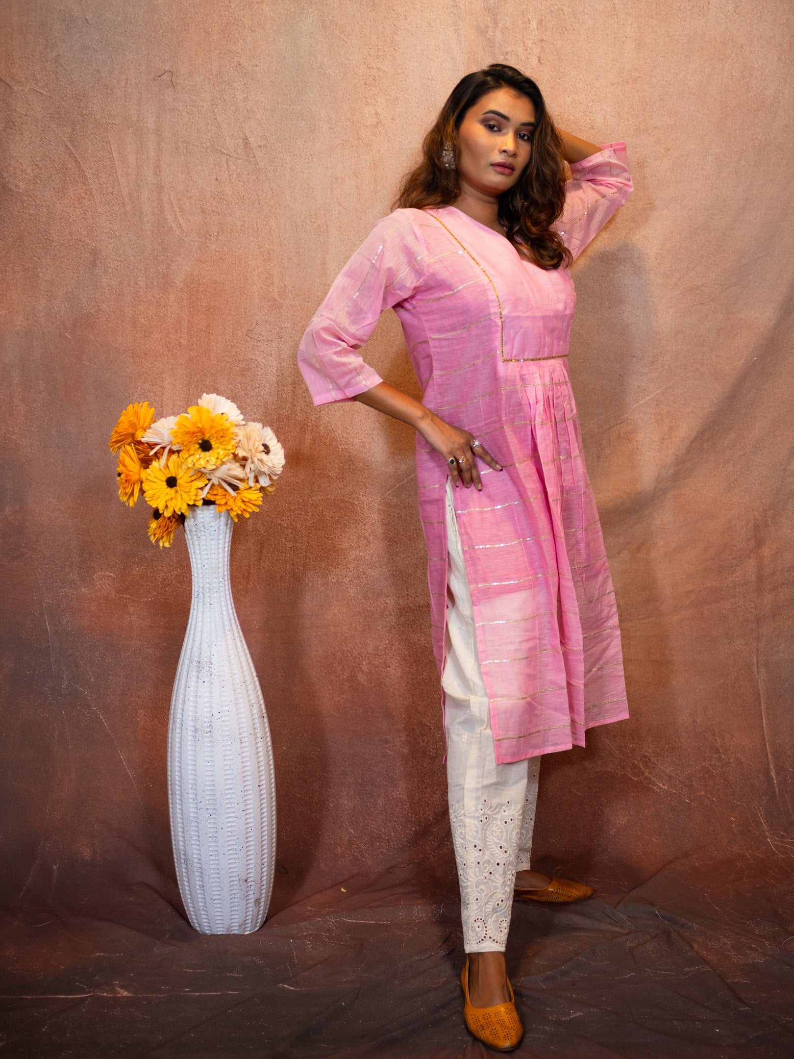 Thulian Pink Sequence Flare Cotton Kurta