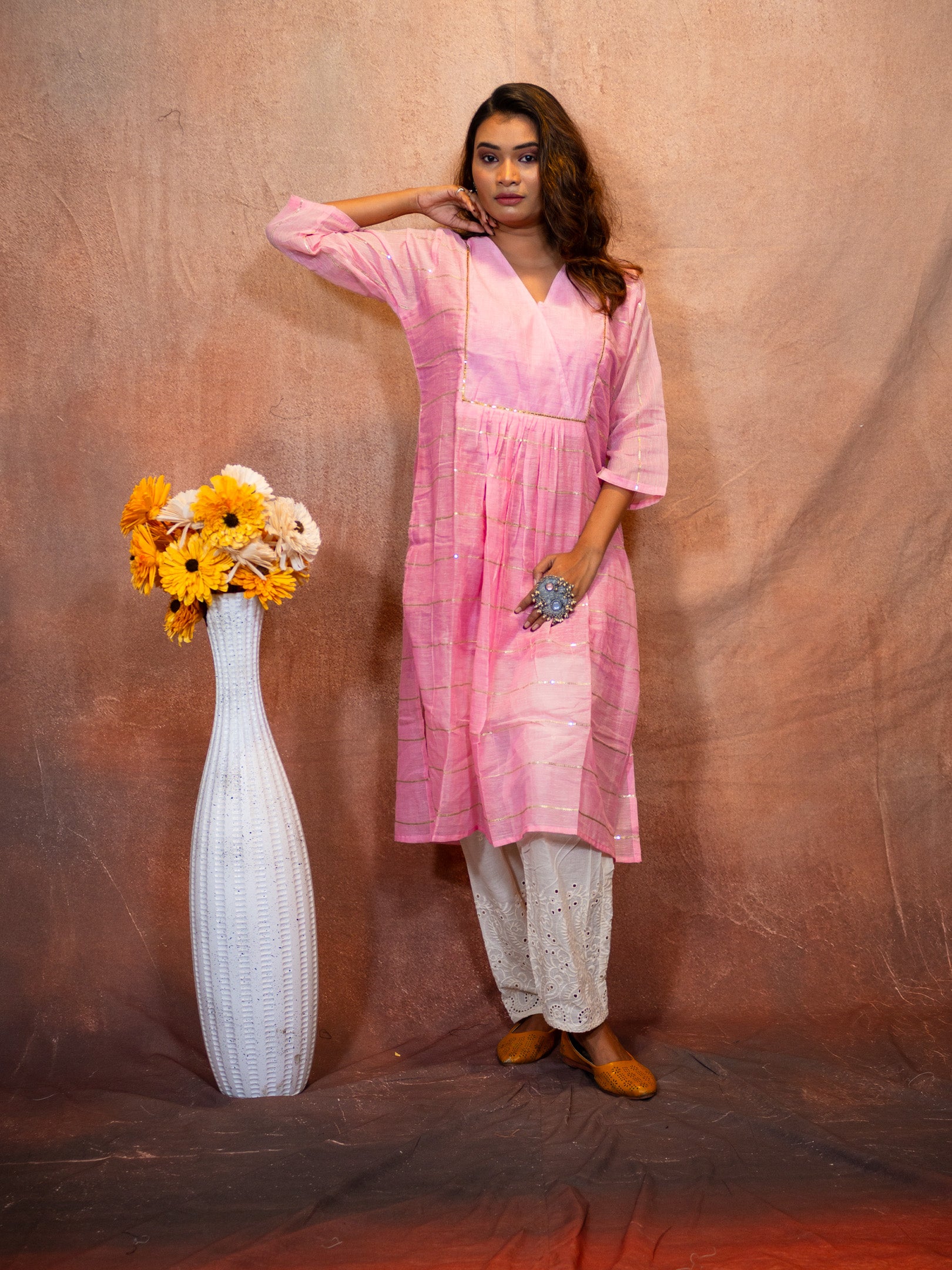 Thulian Pink Sequence Flare Cotton Kurta