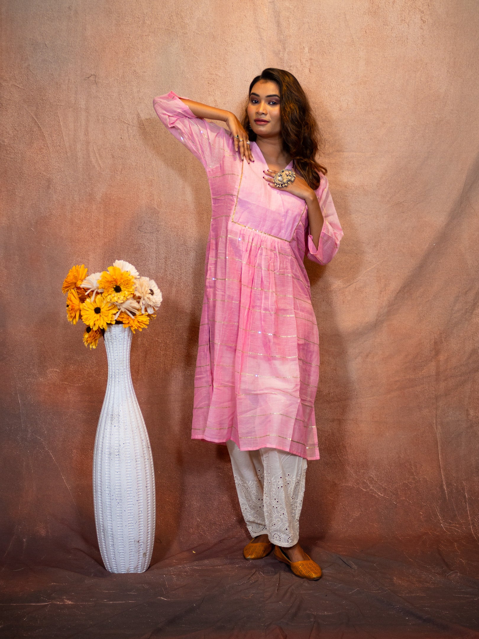 Thulian Pink Sequence Flare Cotton Kurta