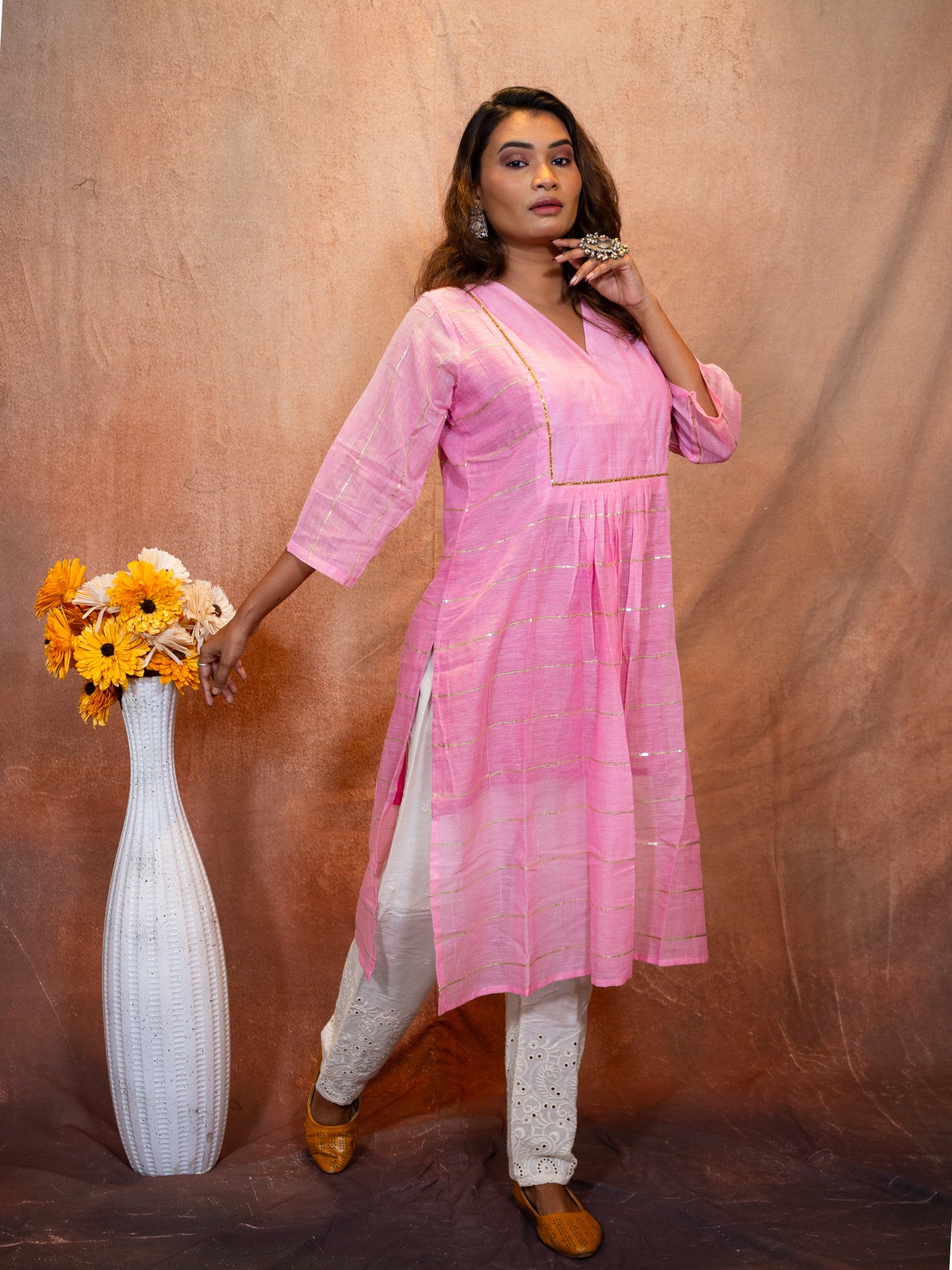 Thulian Pink Sequence Flare Cotton Kurta