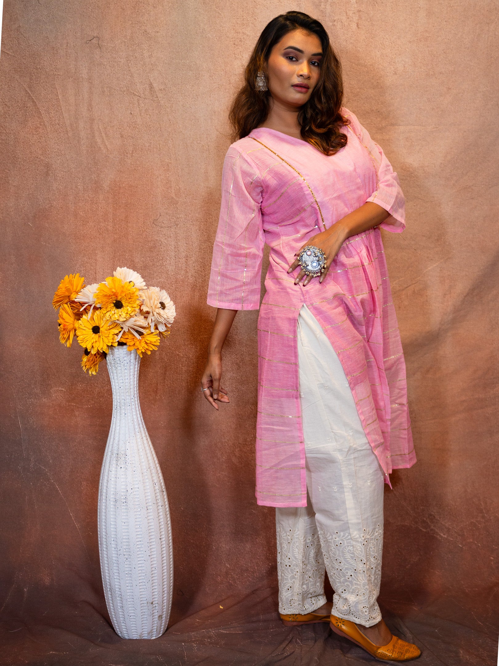 Thulian Pink Sequence Flare Cotton Kurta
