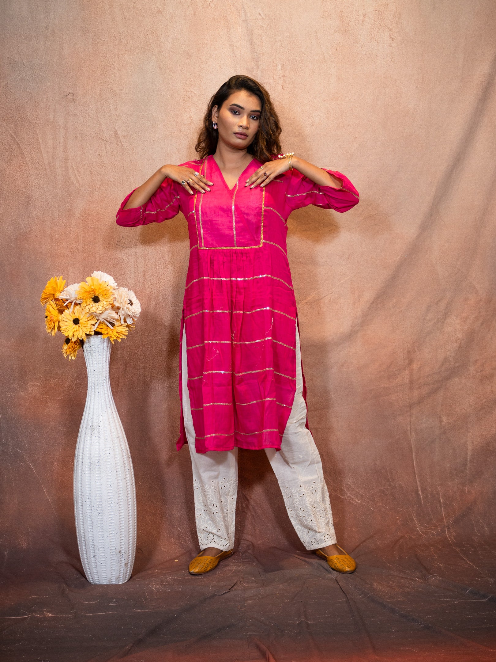 Vivid Magenta Sequence Flare Cotton Kurta