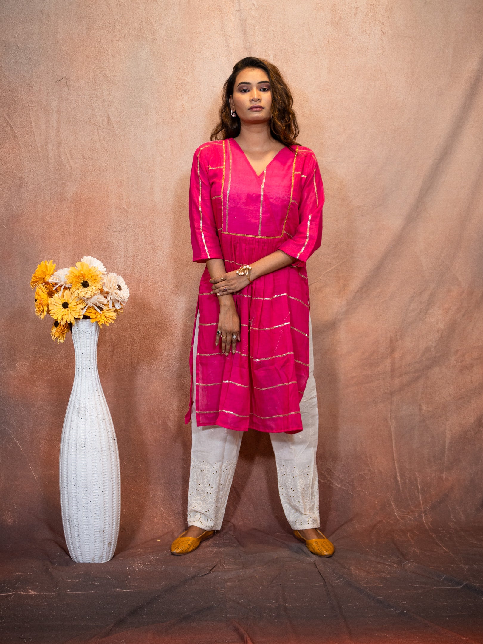 Vivid Magenta Sequence Flare Cotton Kurta