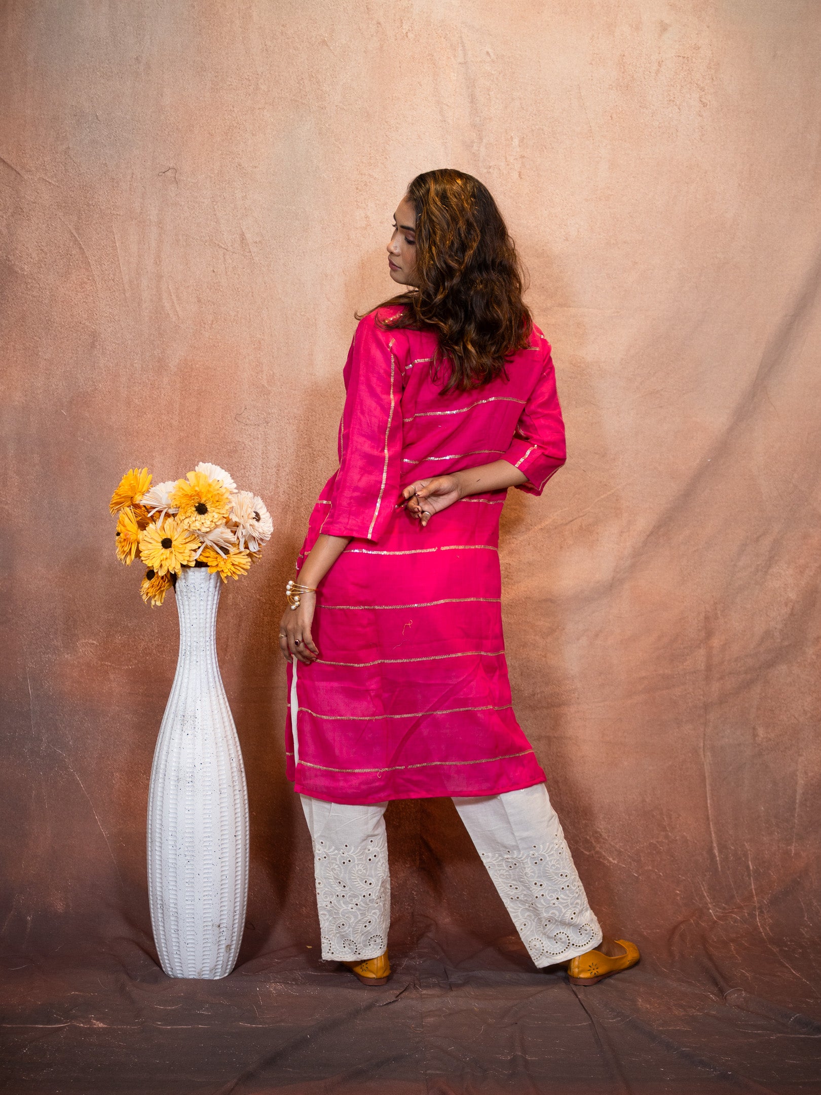 Vivid Magenta Sequence Flare Cotton Kurta