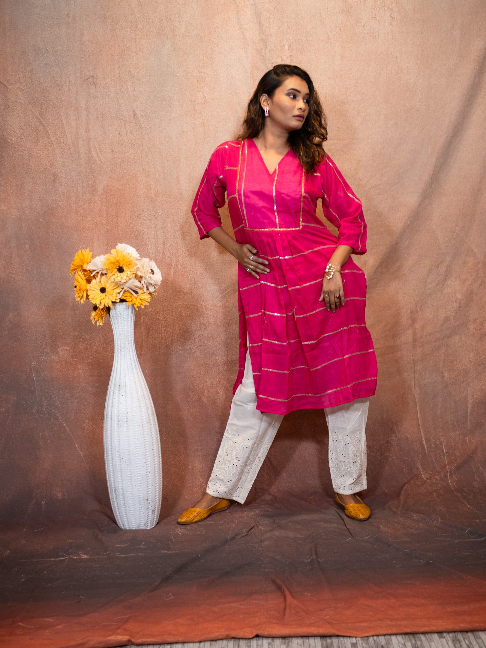 Vivid Magenta Sequence Flare Cotton Kurta