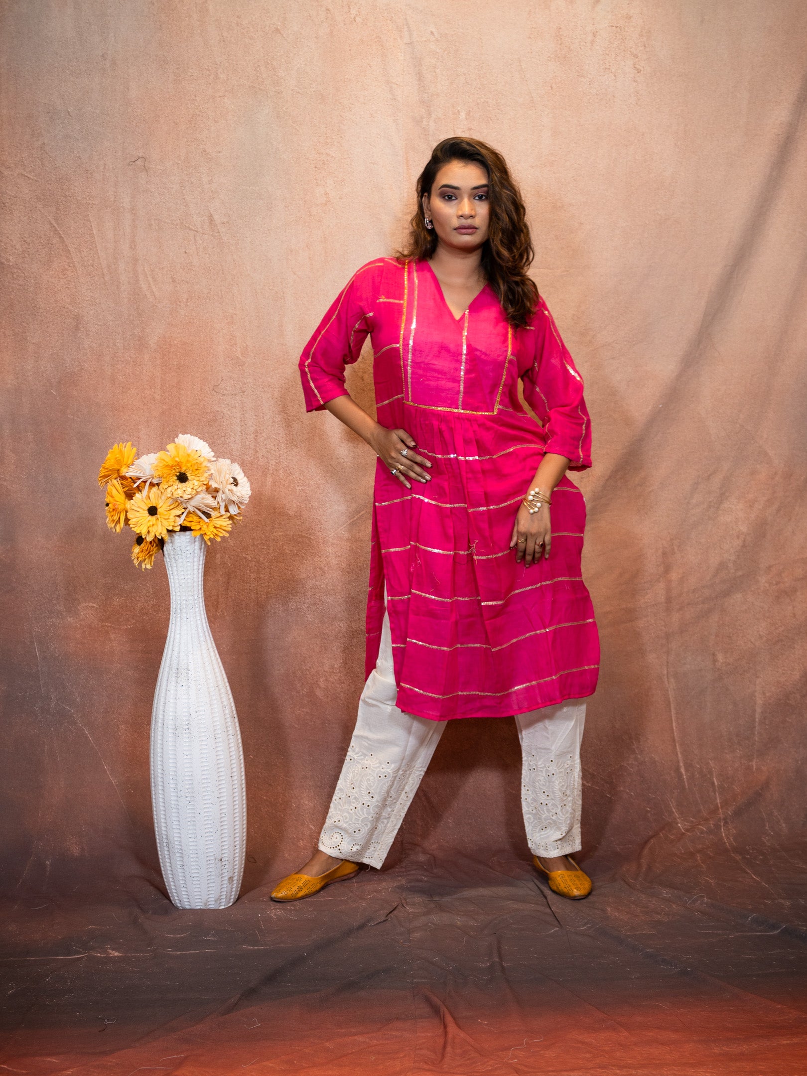 Vivid Magenta Sequence Flare Cotton Kurta