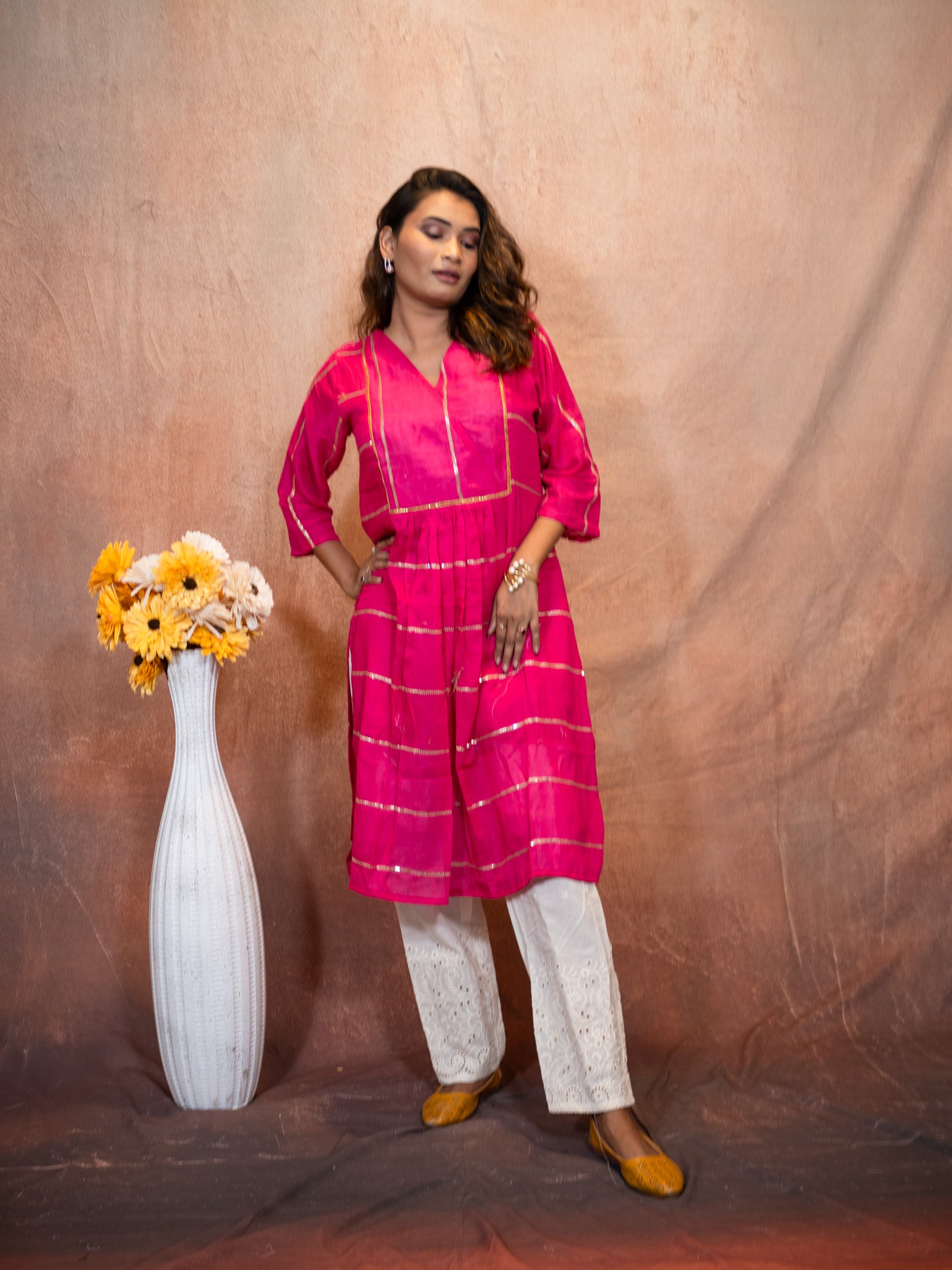 Vivid Magenta Sequence Flare Cotton Kurta