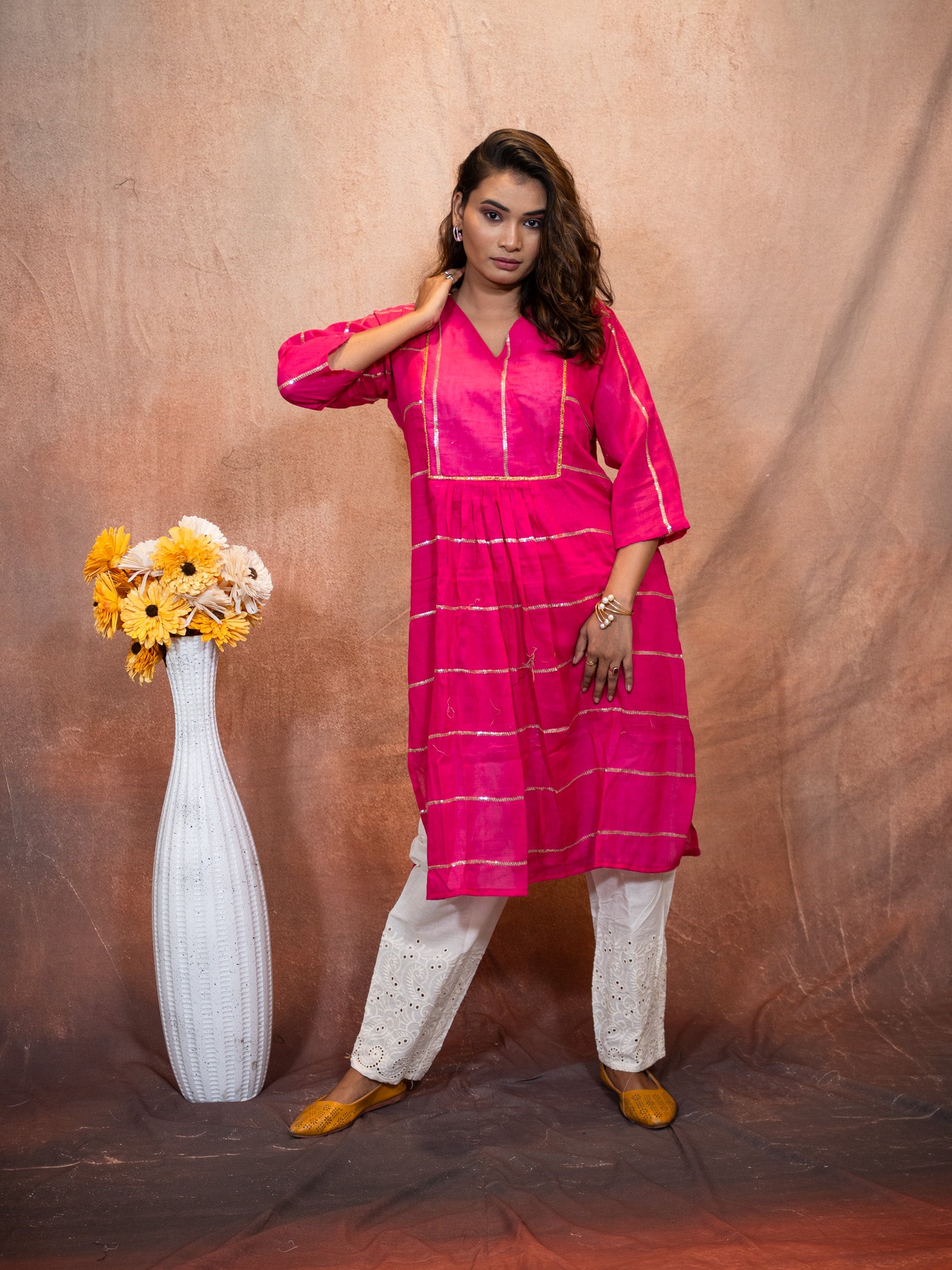 Vivid Magenta Sequence Flare Cotton Kurta