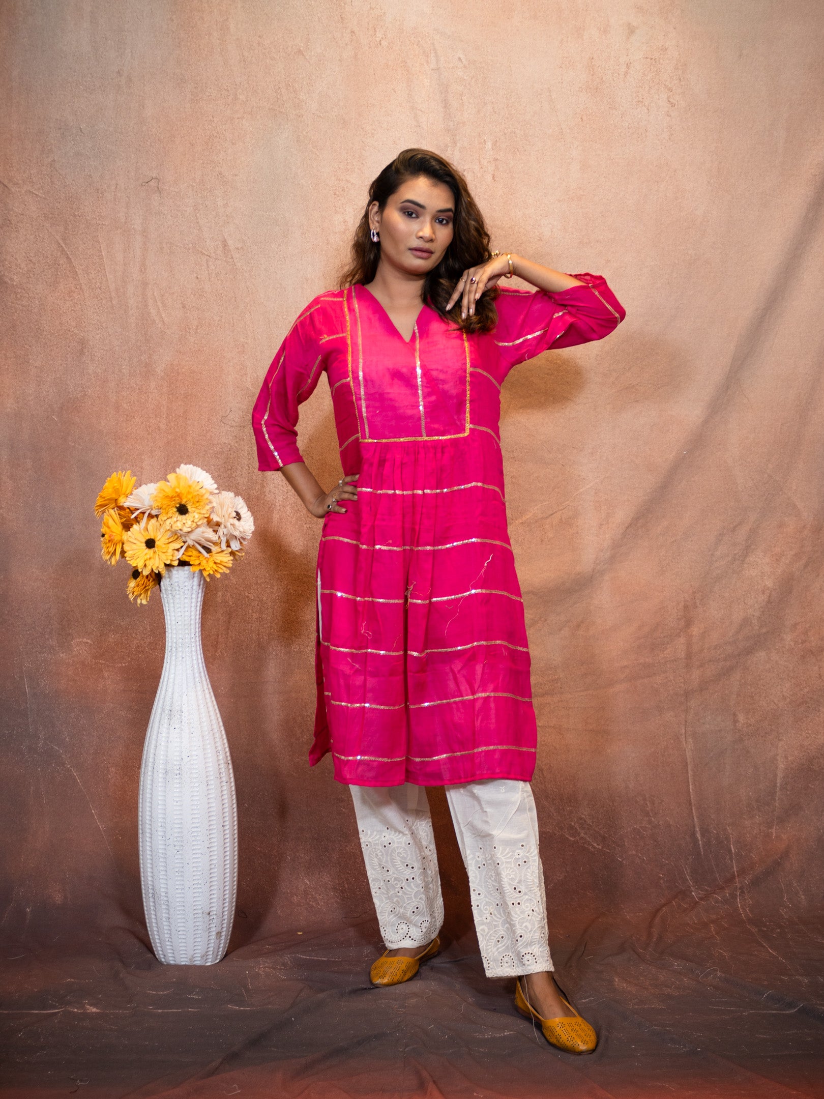 Vivid Magenta Sequence Flare Cotton Kurta