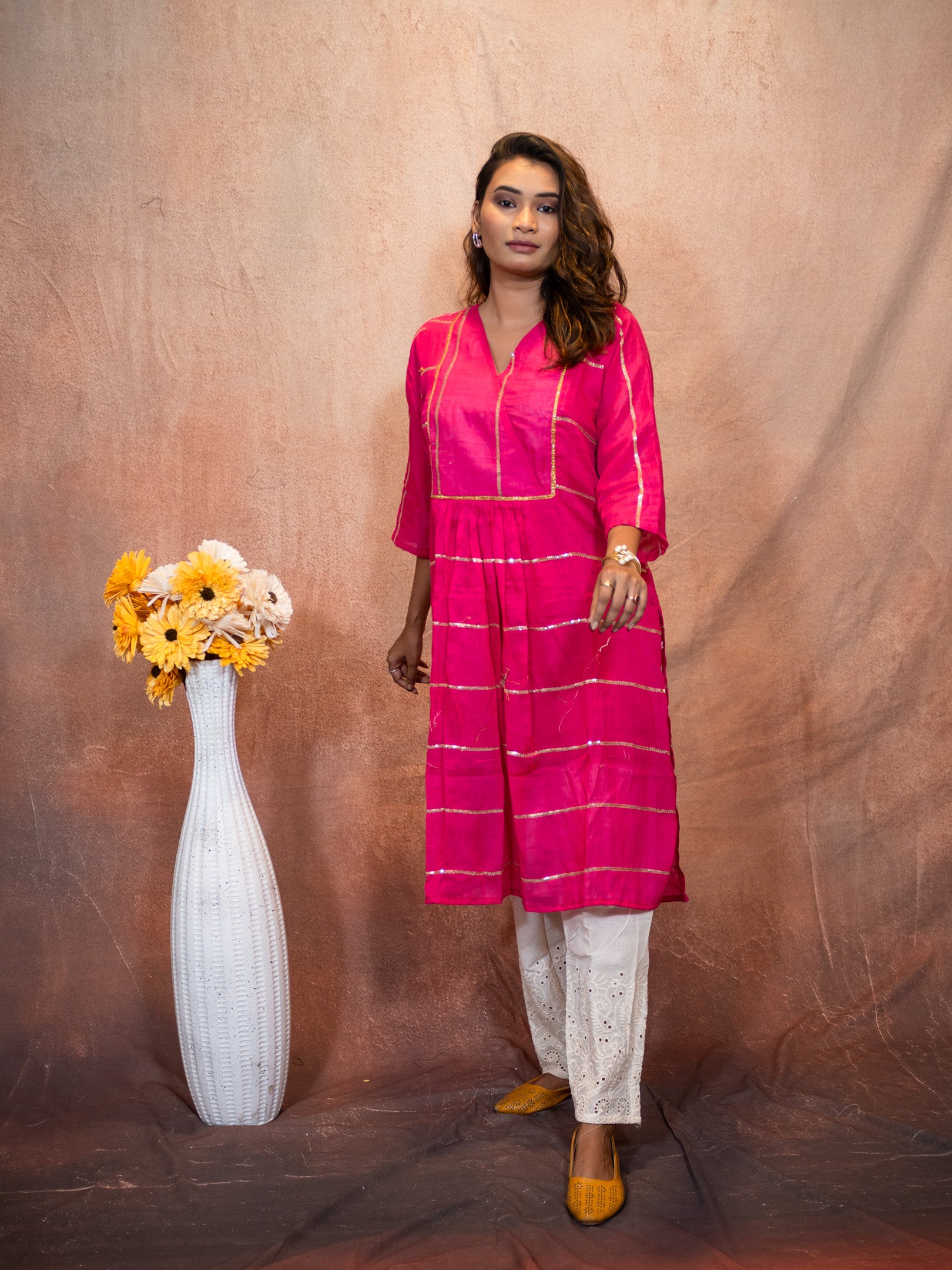 Vivid Magenta Sequence Flare Cotton Kurta
