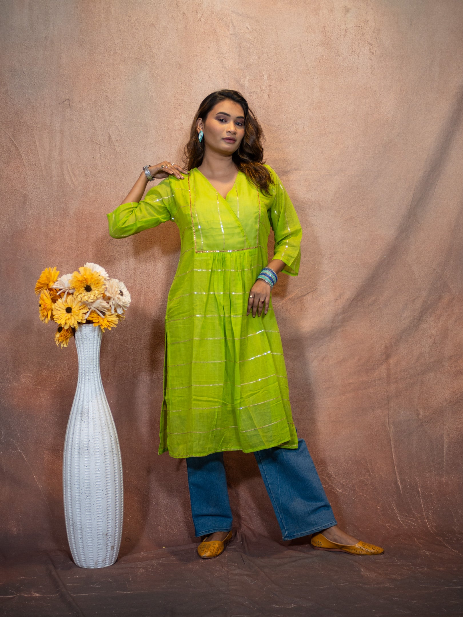 Verde Lemon Green Gilded Sequence Cotton Kurta
