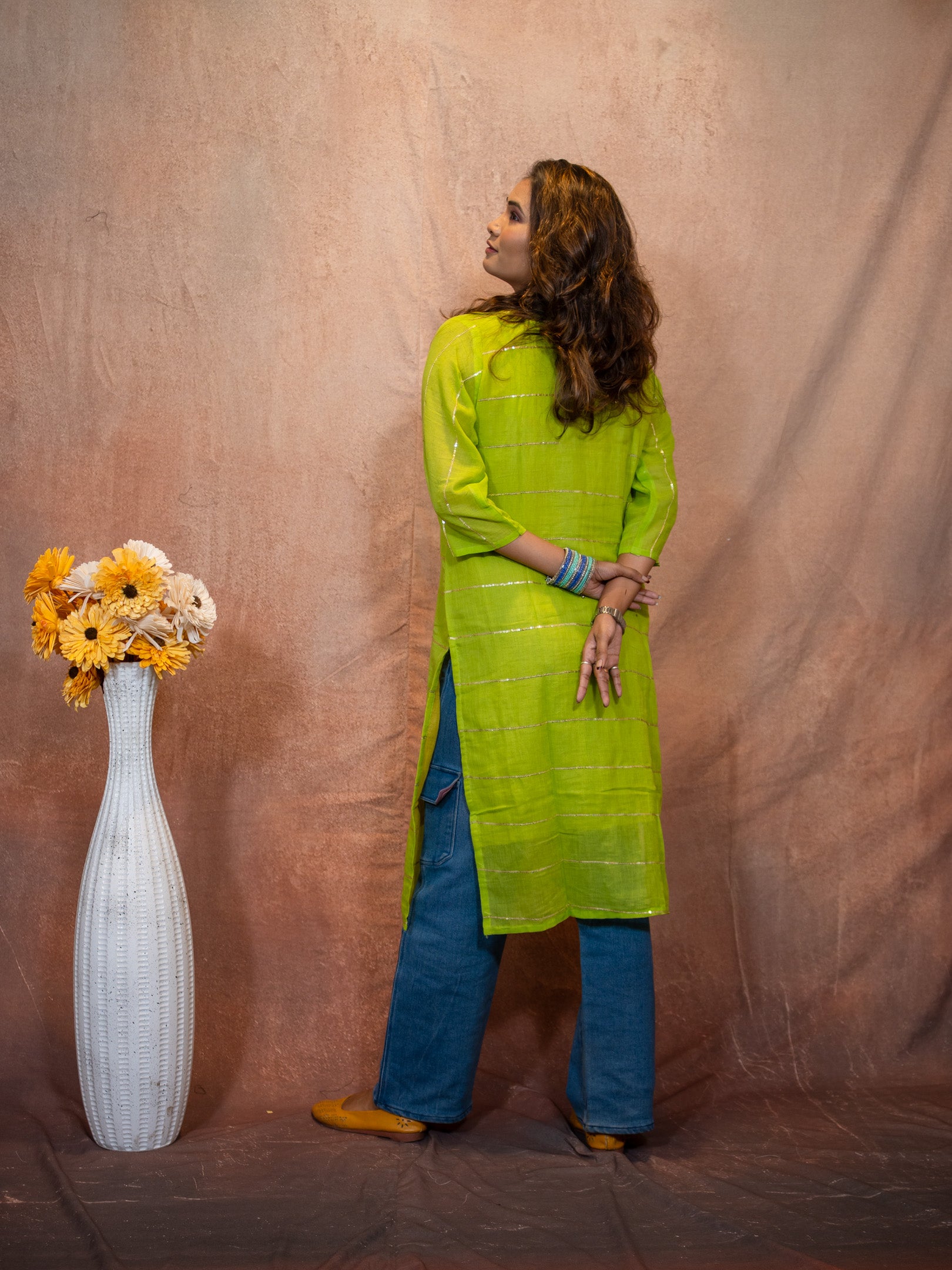 Verde Lemon Green Gilded Sequence Cotton Kurta