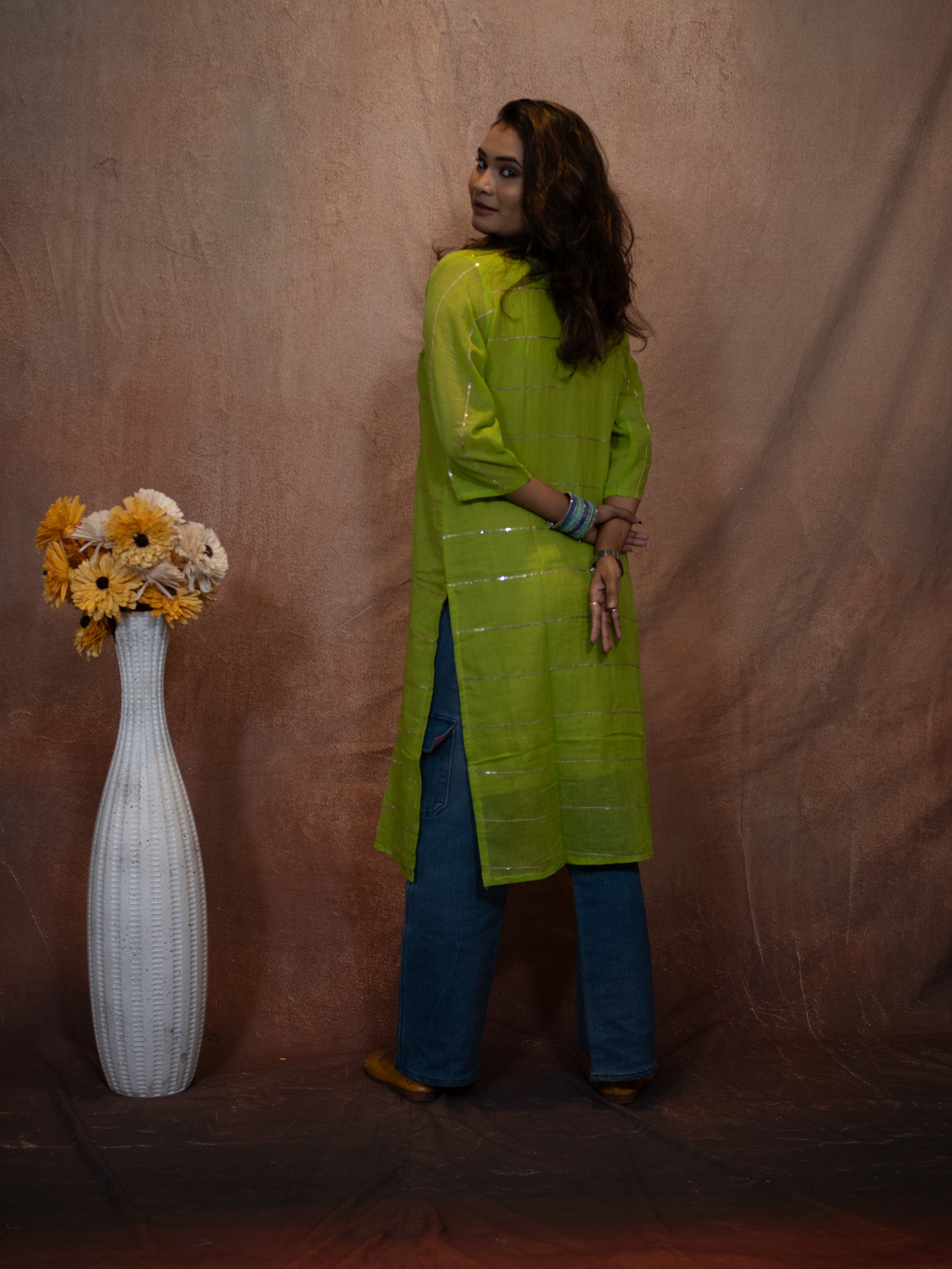 Verde Lemon Green Gilded Sequence Cotton Kurta