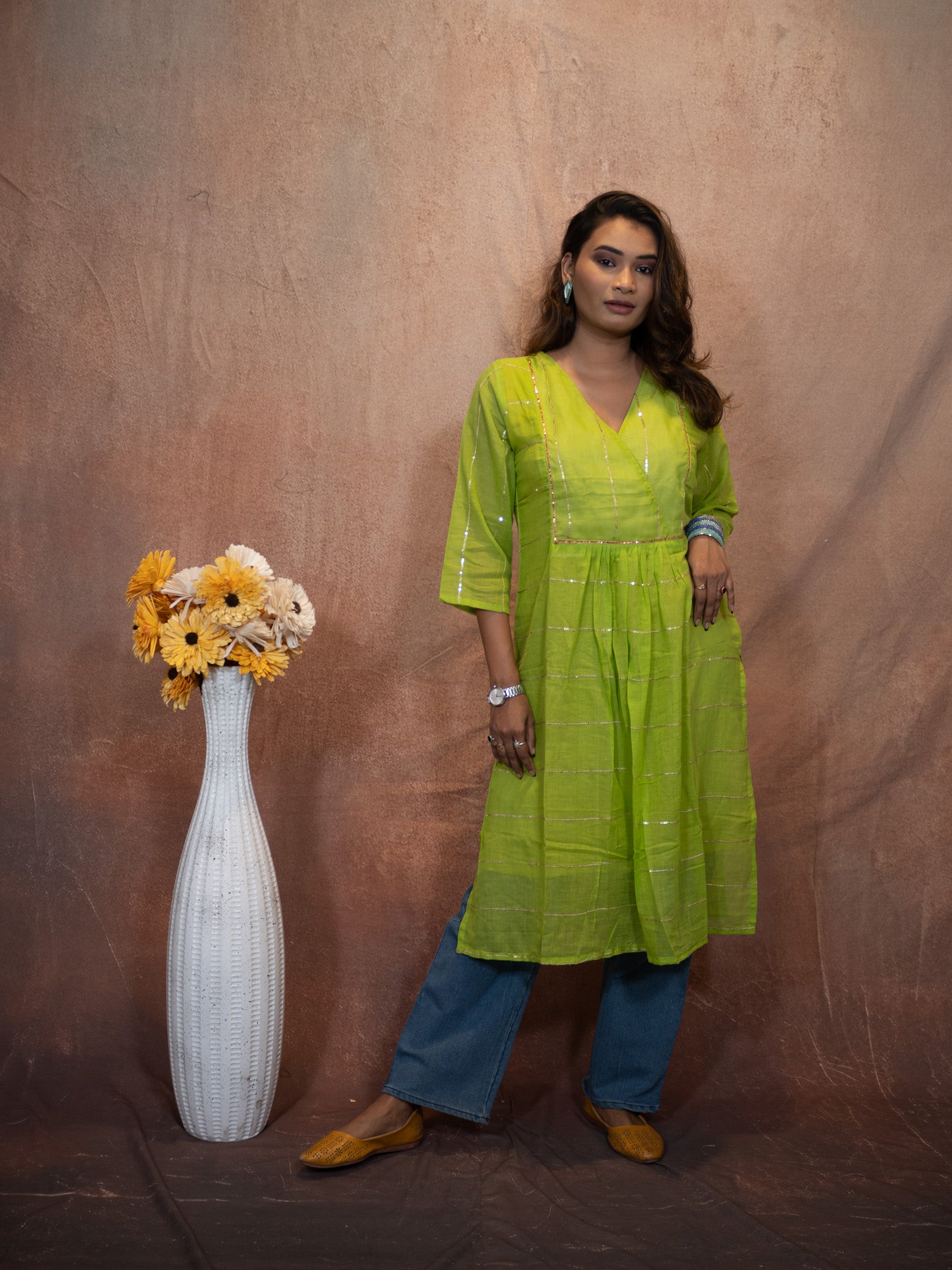 Verde Lemon Green Gilded Sequence Cotton Kurta