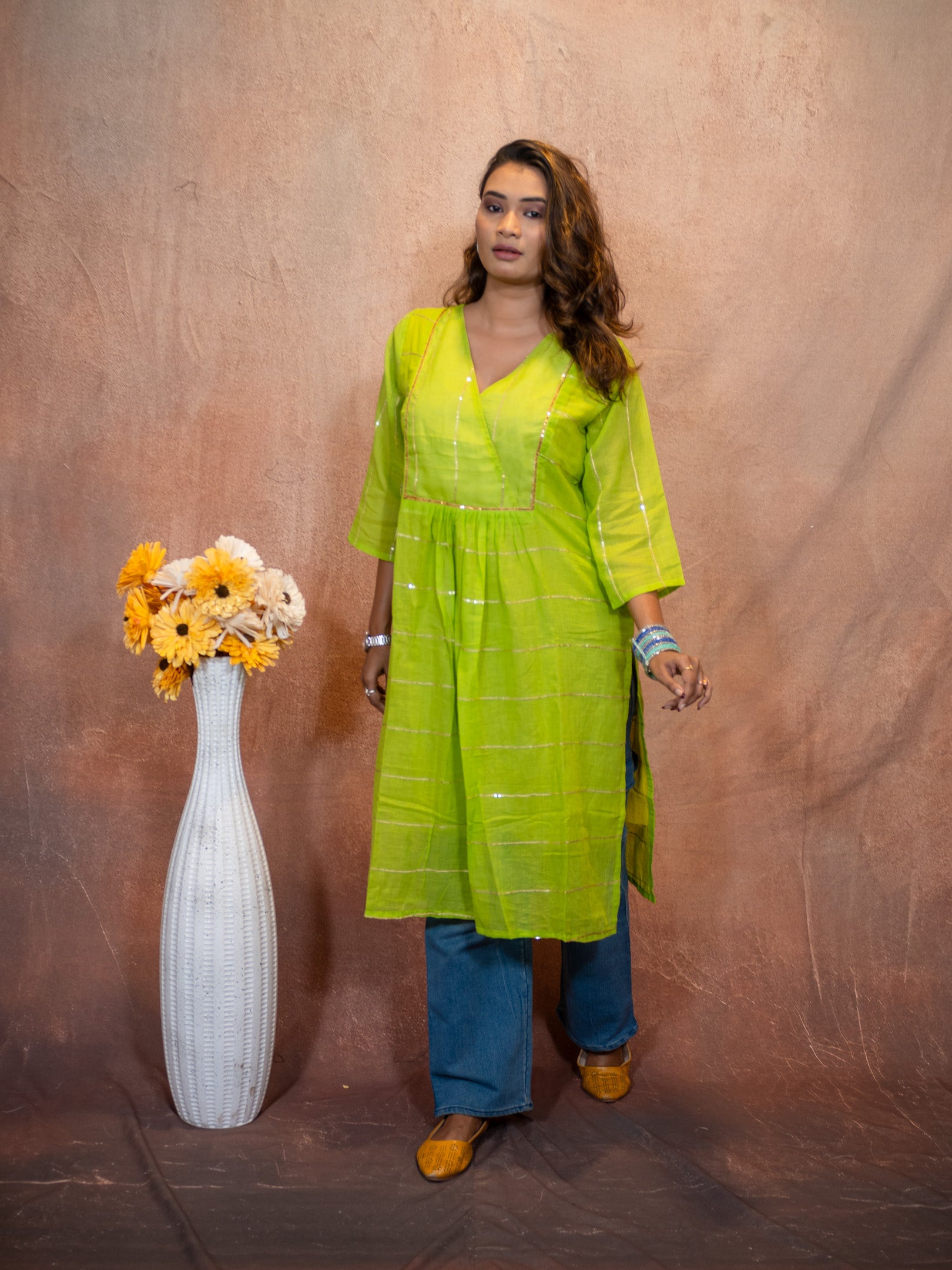 Verde Lemon Green Gilded Sequence Cotton Kurta