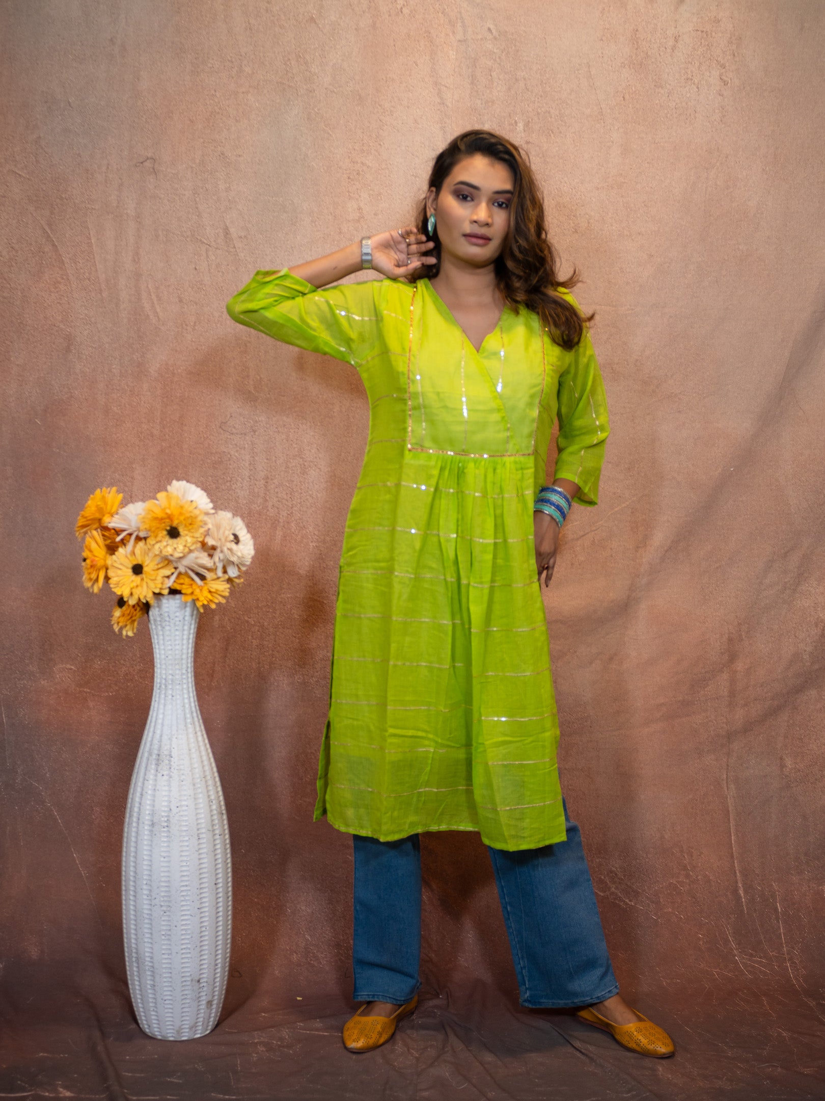 Verde Lemon Green Gilded Sequence Cotton Kurta