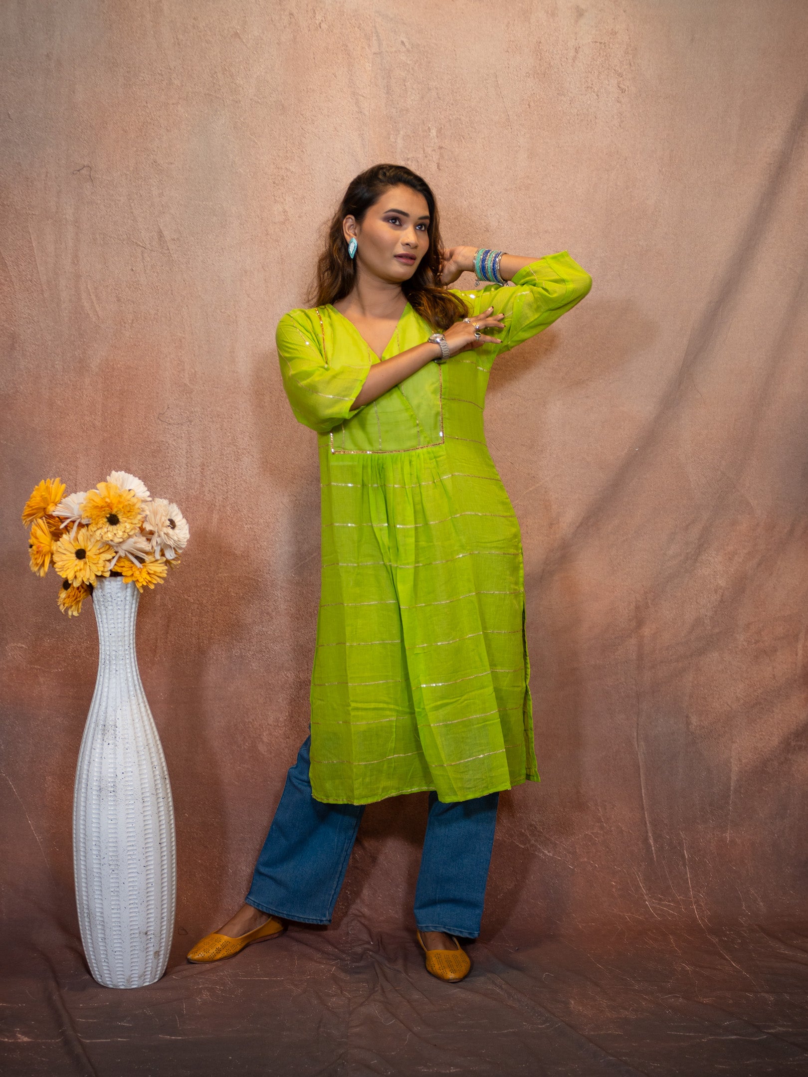 Verde Lemon Green Gilded Sequence Cotton Kurta