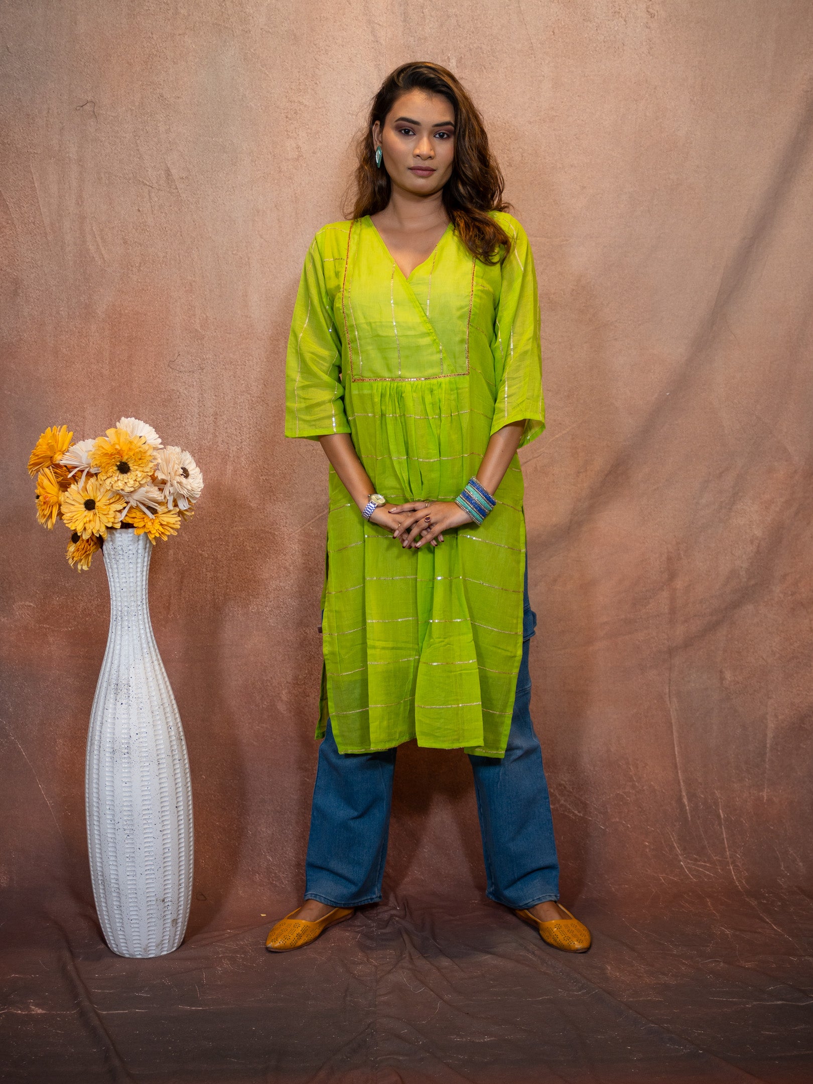 Verde Lemon Green Gilded Sequence Cotton Kurta