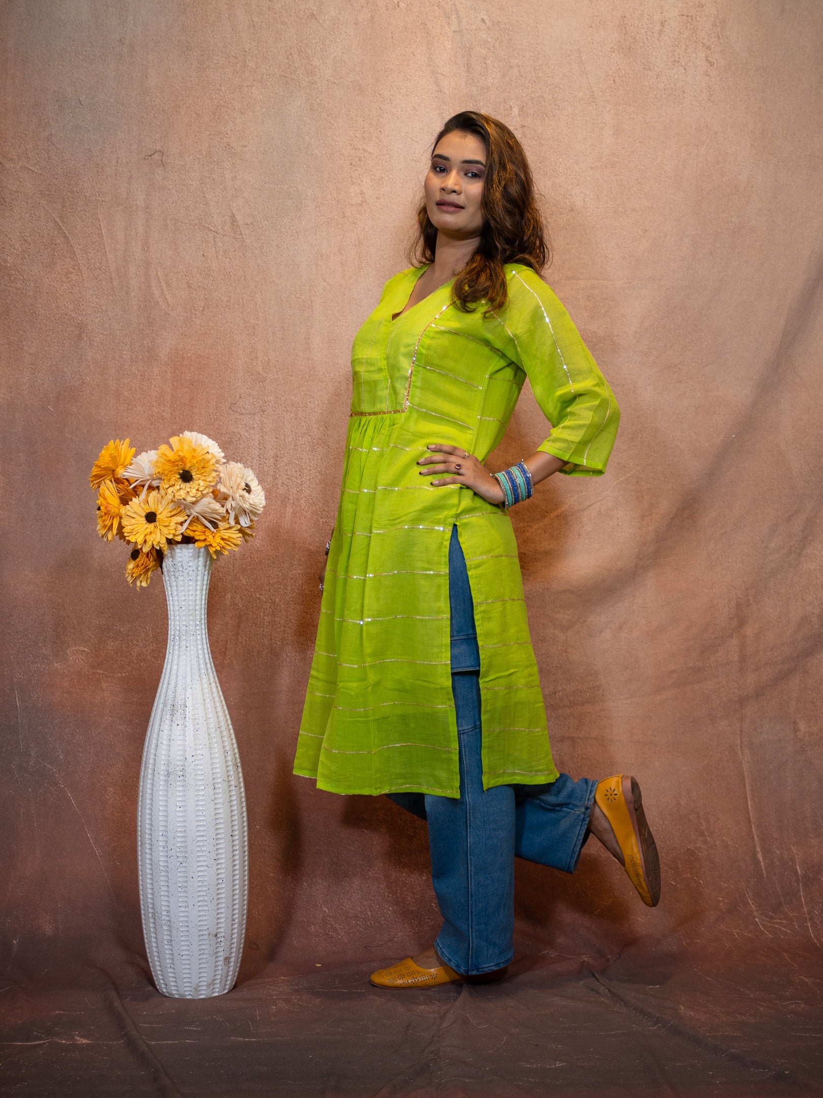 Verde Lemon Green Gilded Sequence Cotton Kurta