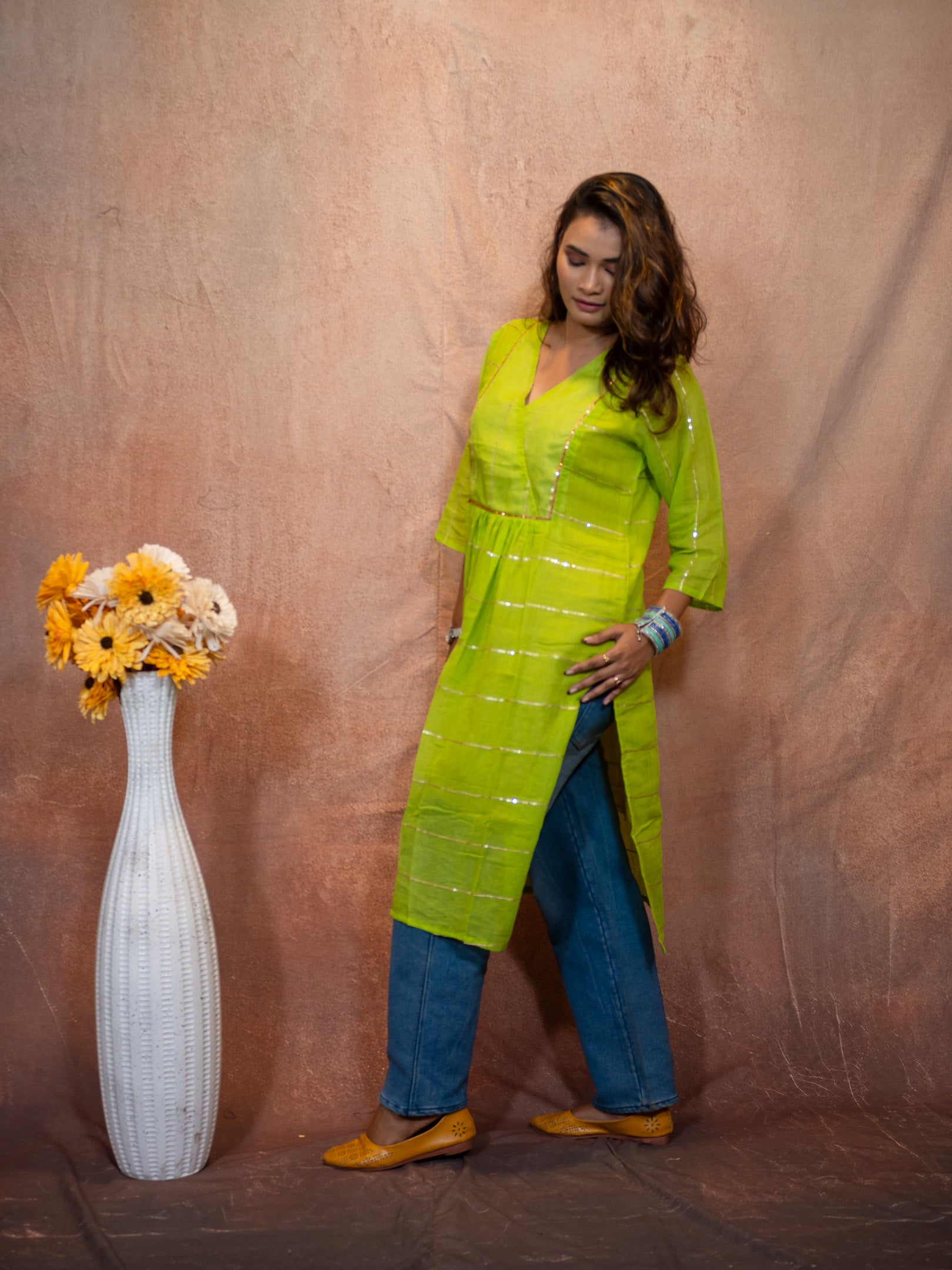 Verde Lemon Green Gilded Sequence Cotton Kurta