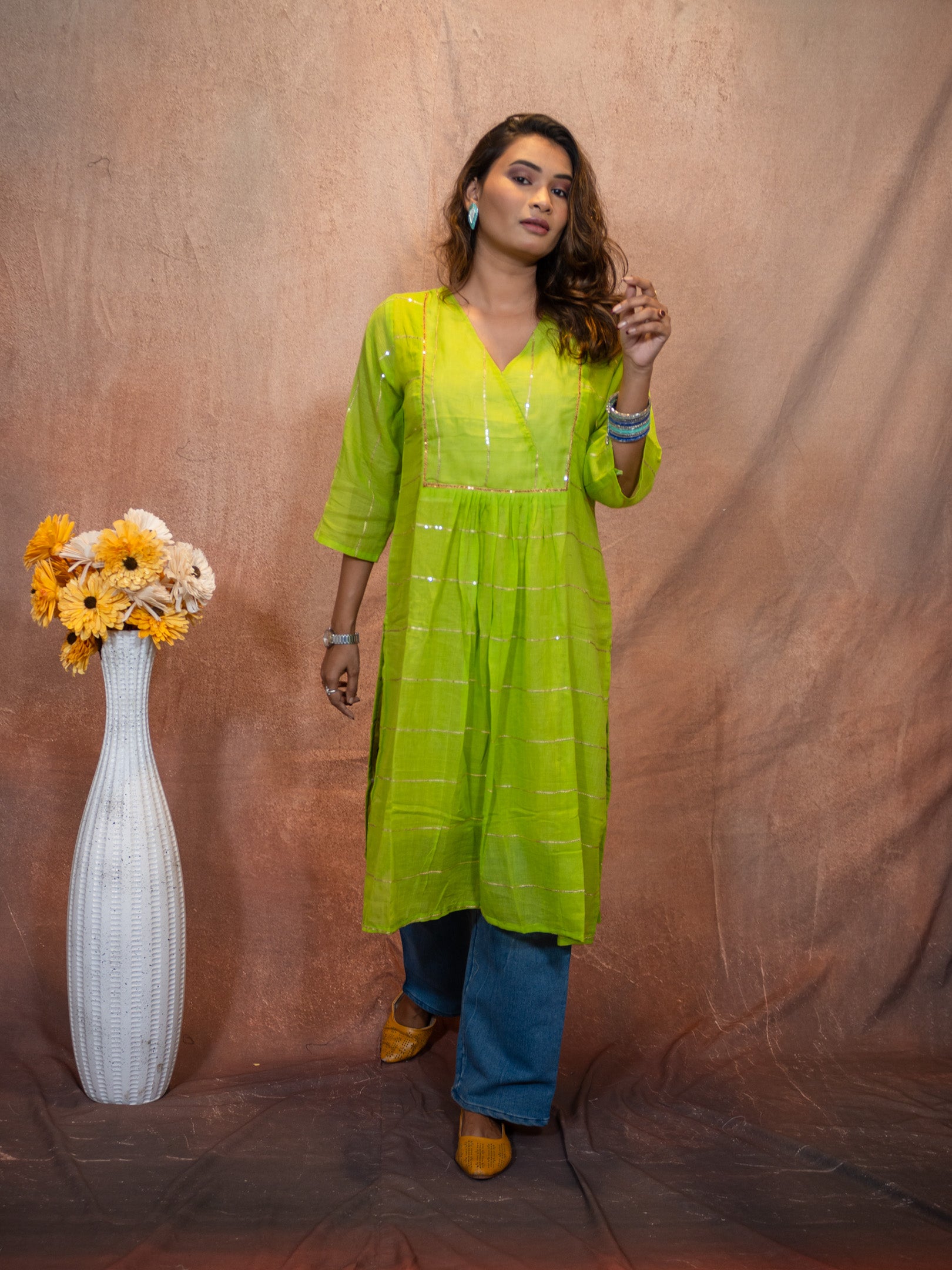 Verde Lemon Green Gilded Sequence Cotton Kurta