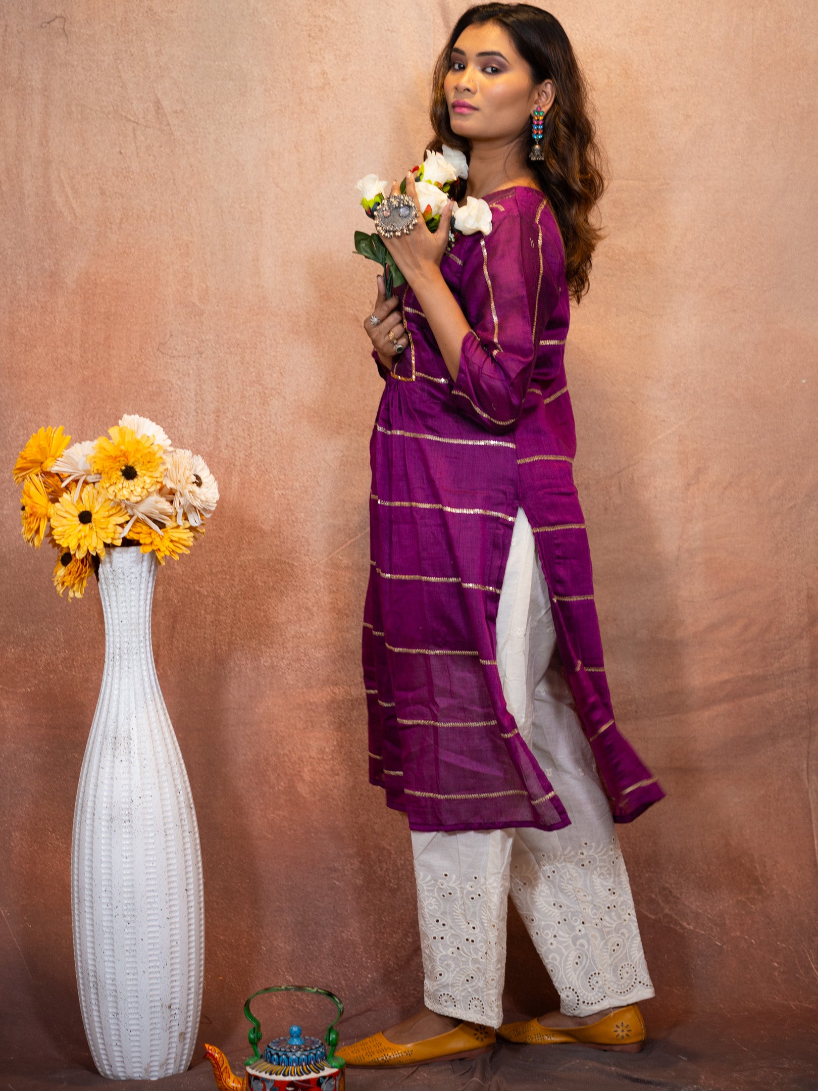 Royal Purple Sequence Flare Cotton Kurta