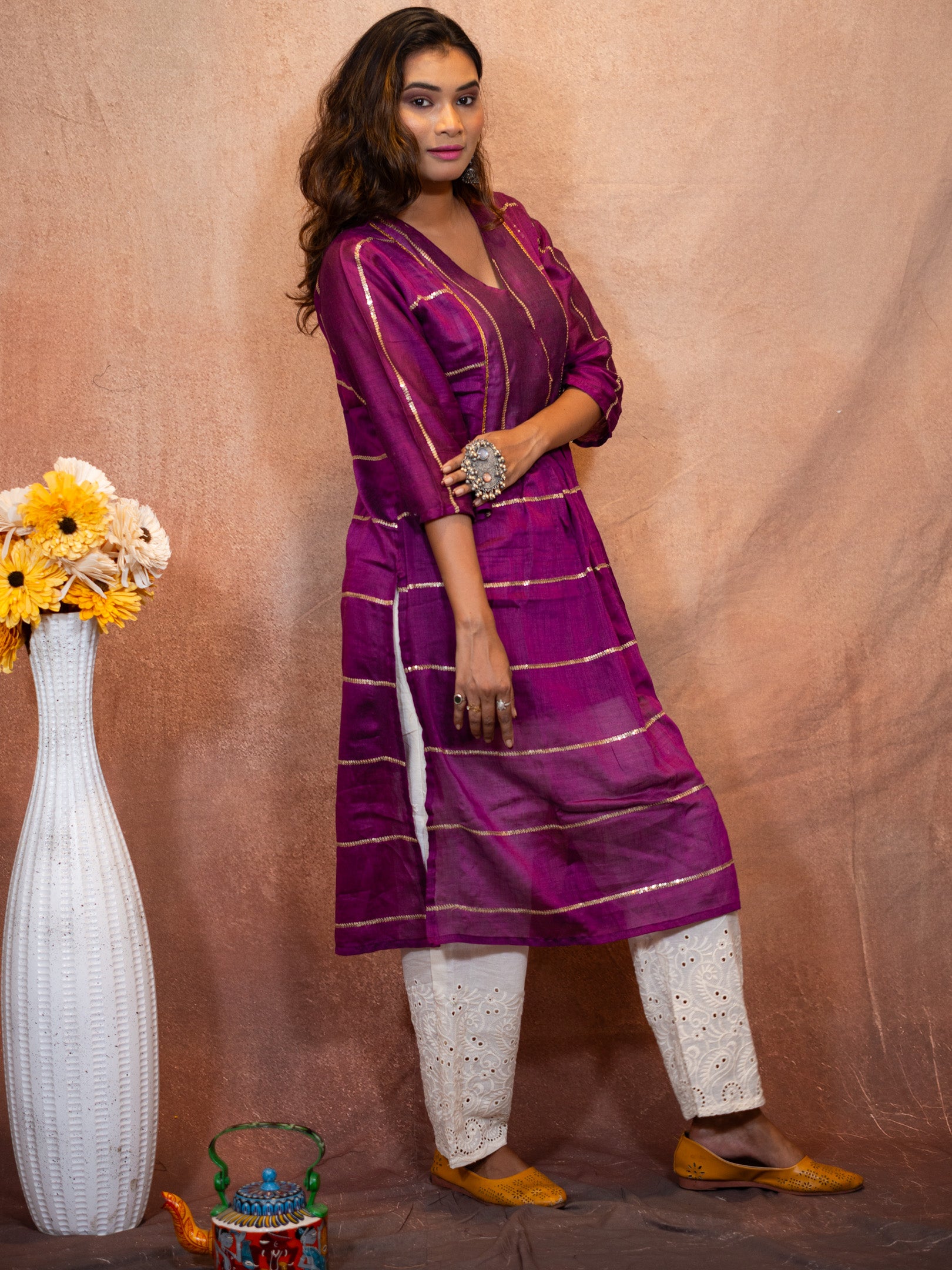 Royal Purple Sequence Flare Cotton Kurta