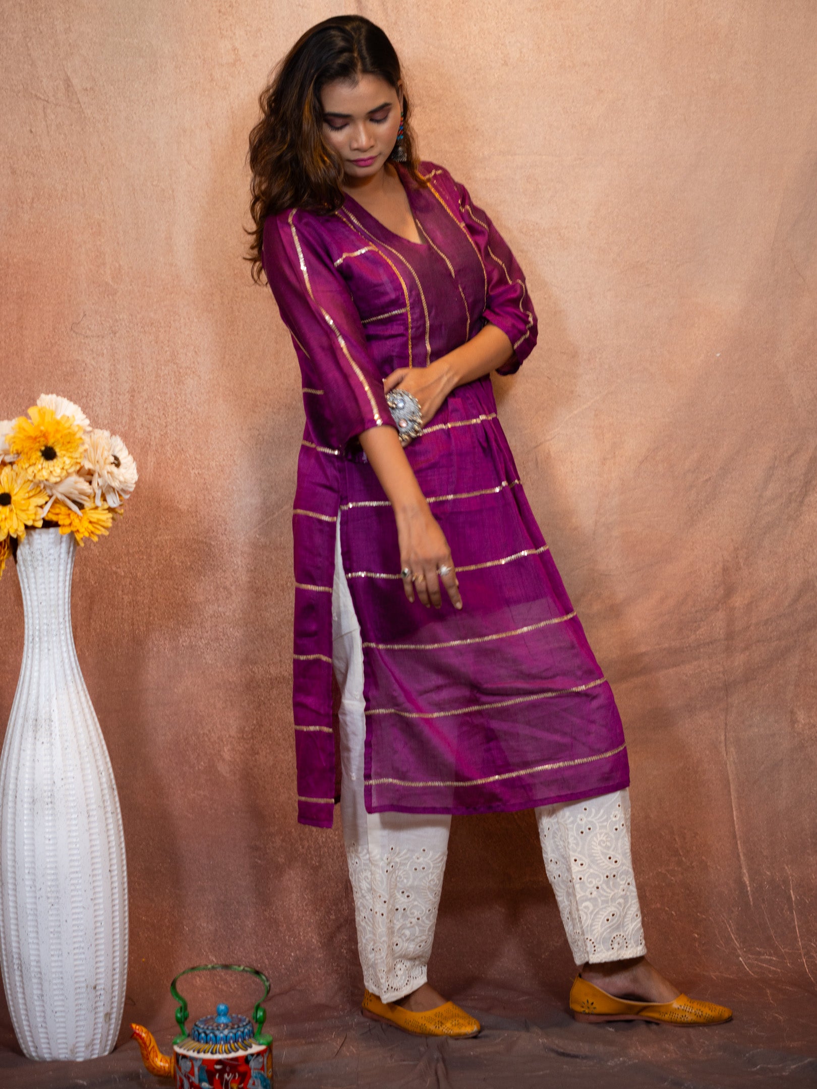 Royal Purple Sequence Flare Cotton Kurta