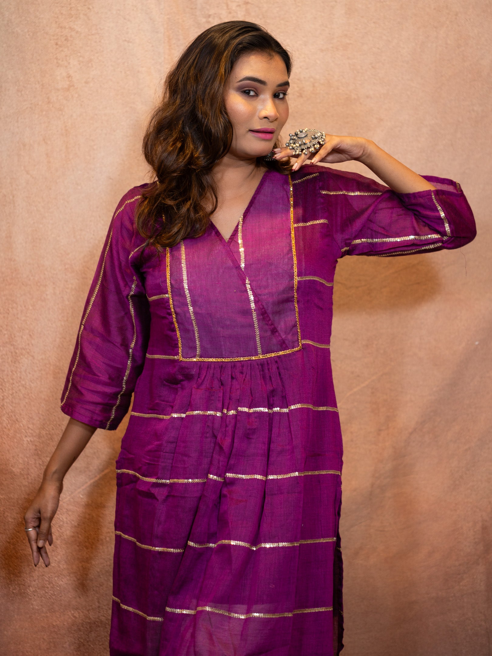 Royal Purple Sequence Flare Cotton Kurta