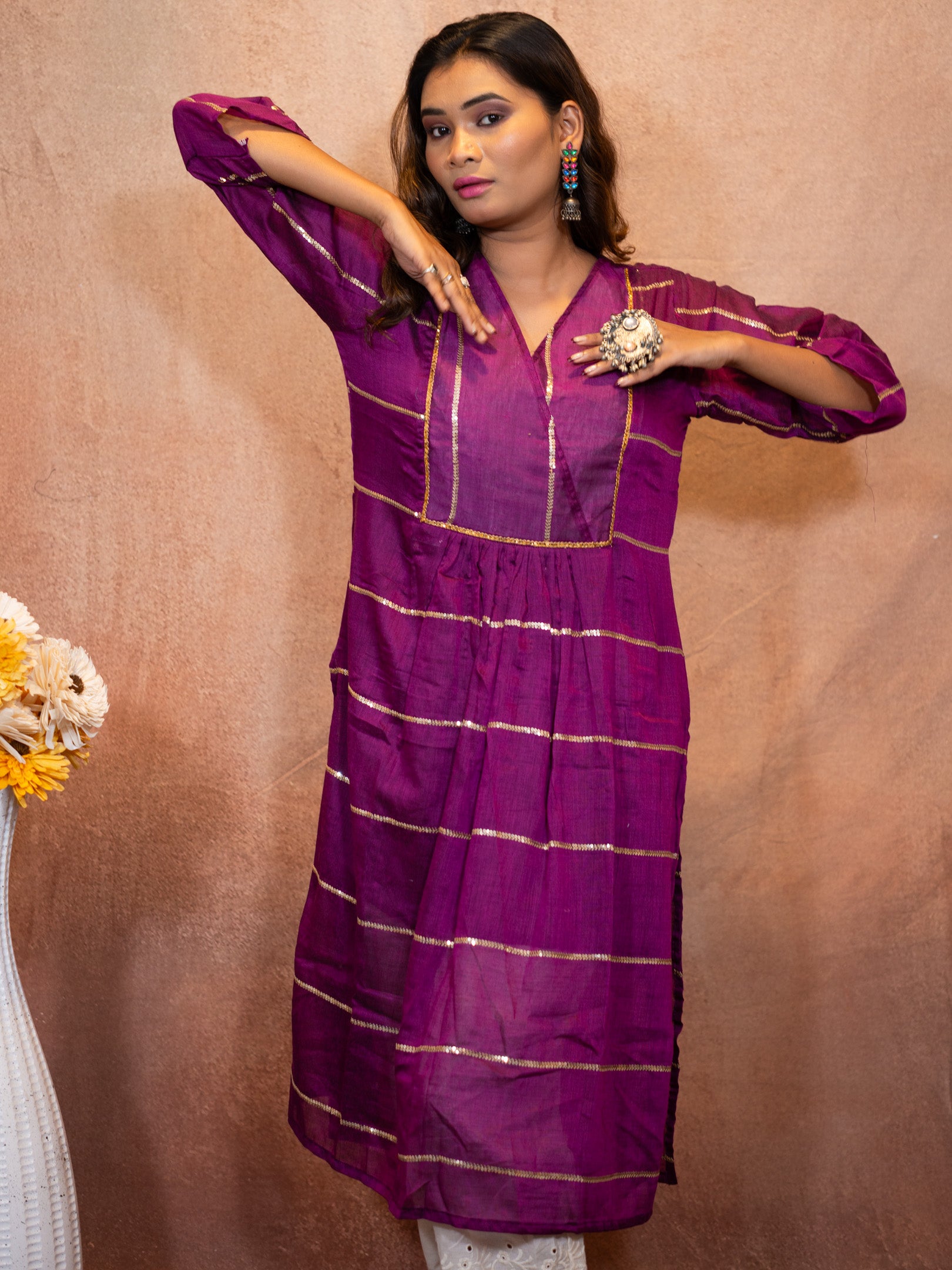 Royal Purple Sequence Flare Cotton Kurta