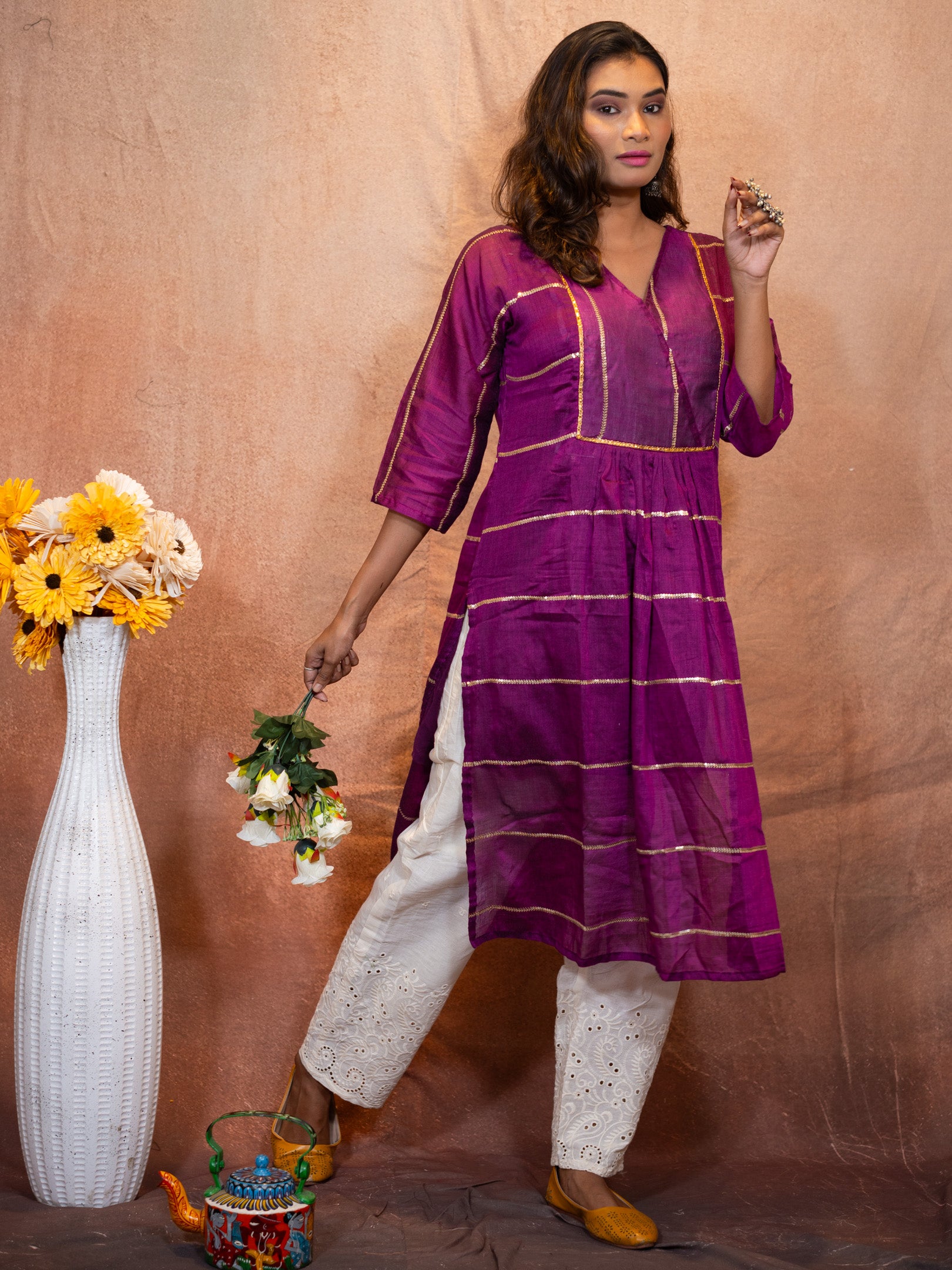Royal Purple Sequence Flare Cotton Kurta