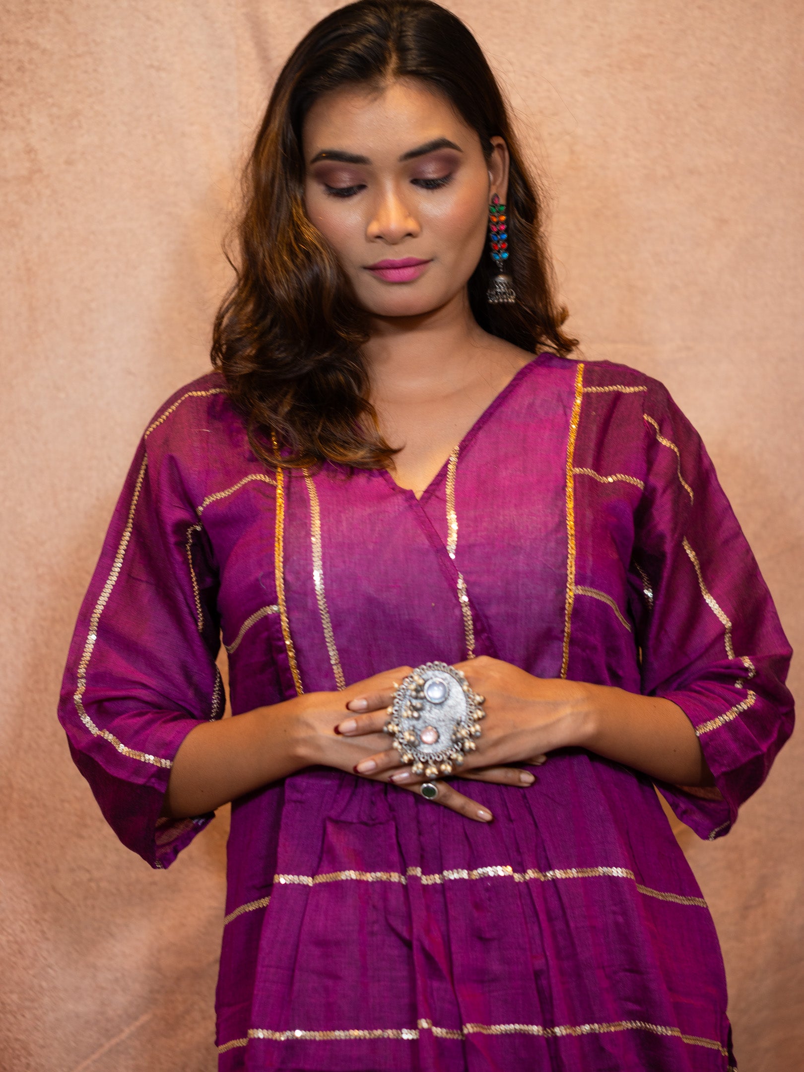Royal Purple Sequence Flare Cotton Kurta