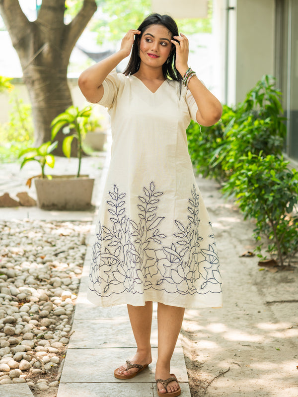 Snow‑White with Navy Floral Handwork Cotton Dress - Uttariya