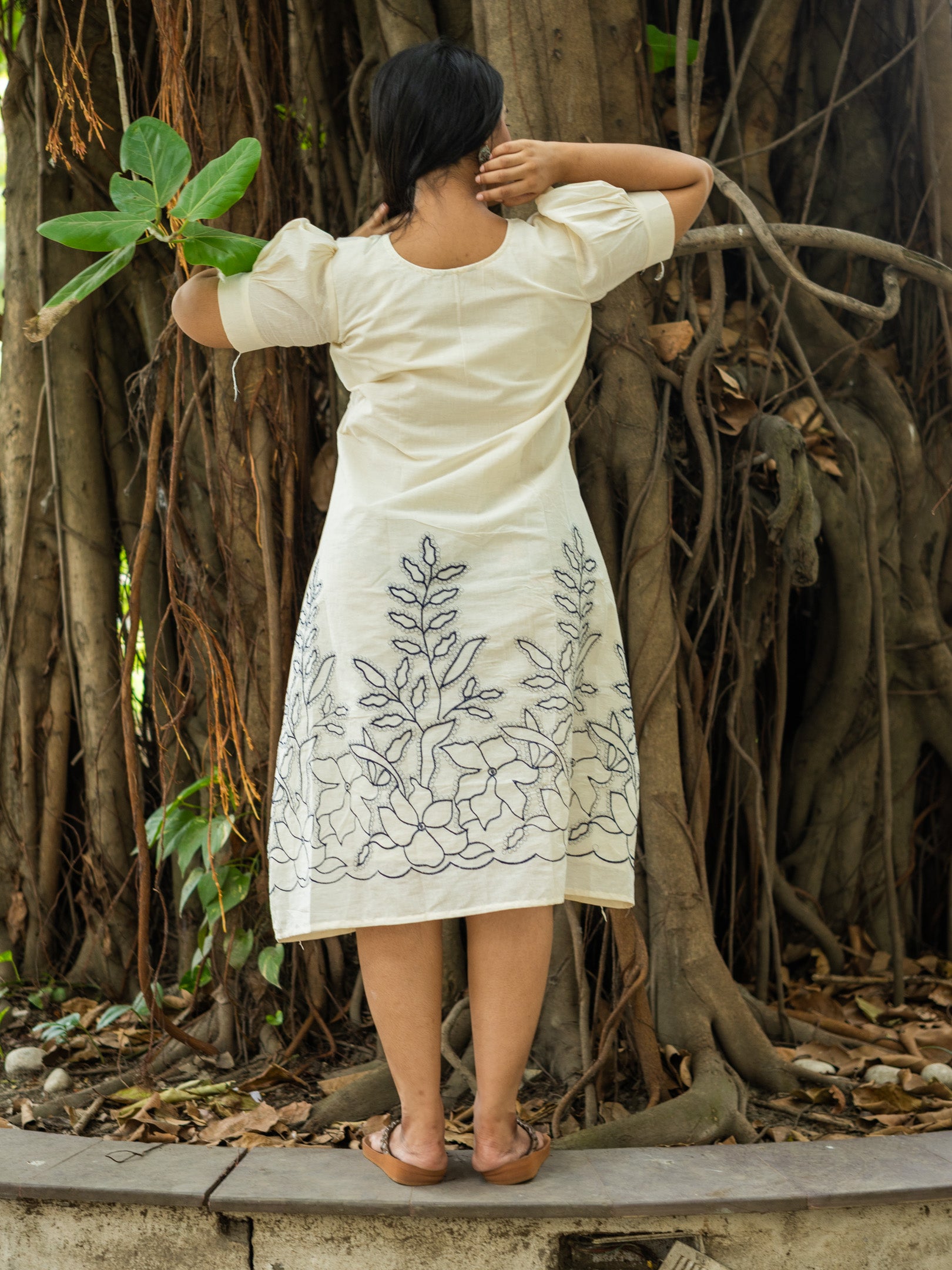 Snow‑White with Navy Floral Handwork Cotton Dress