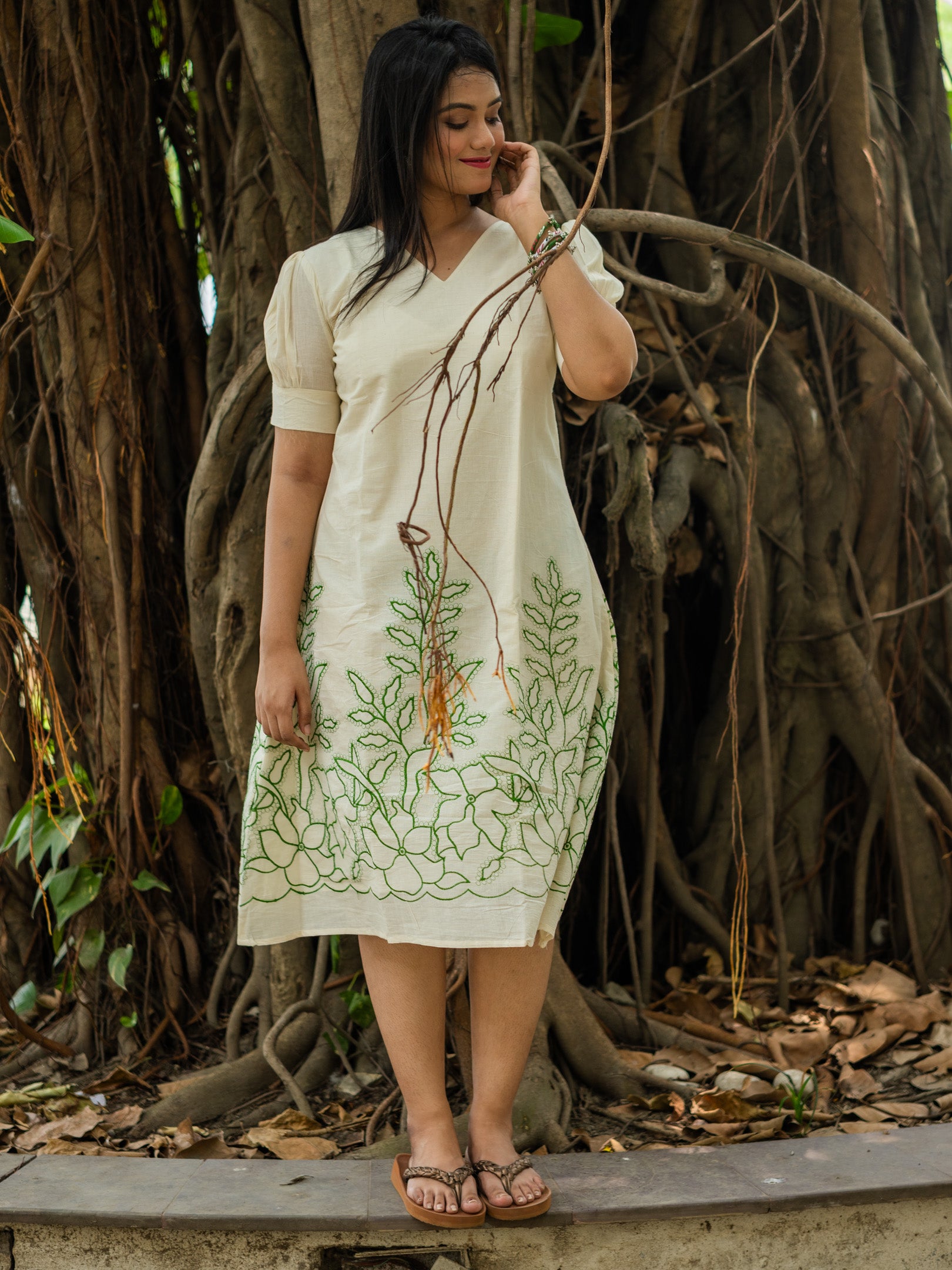 White Handspun Mint Leaf Floral Cotton Dress
