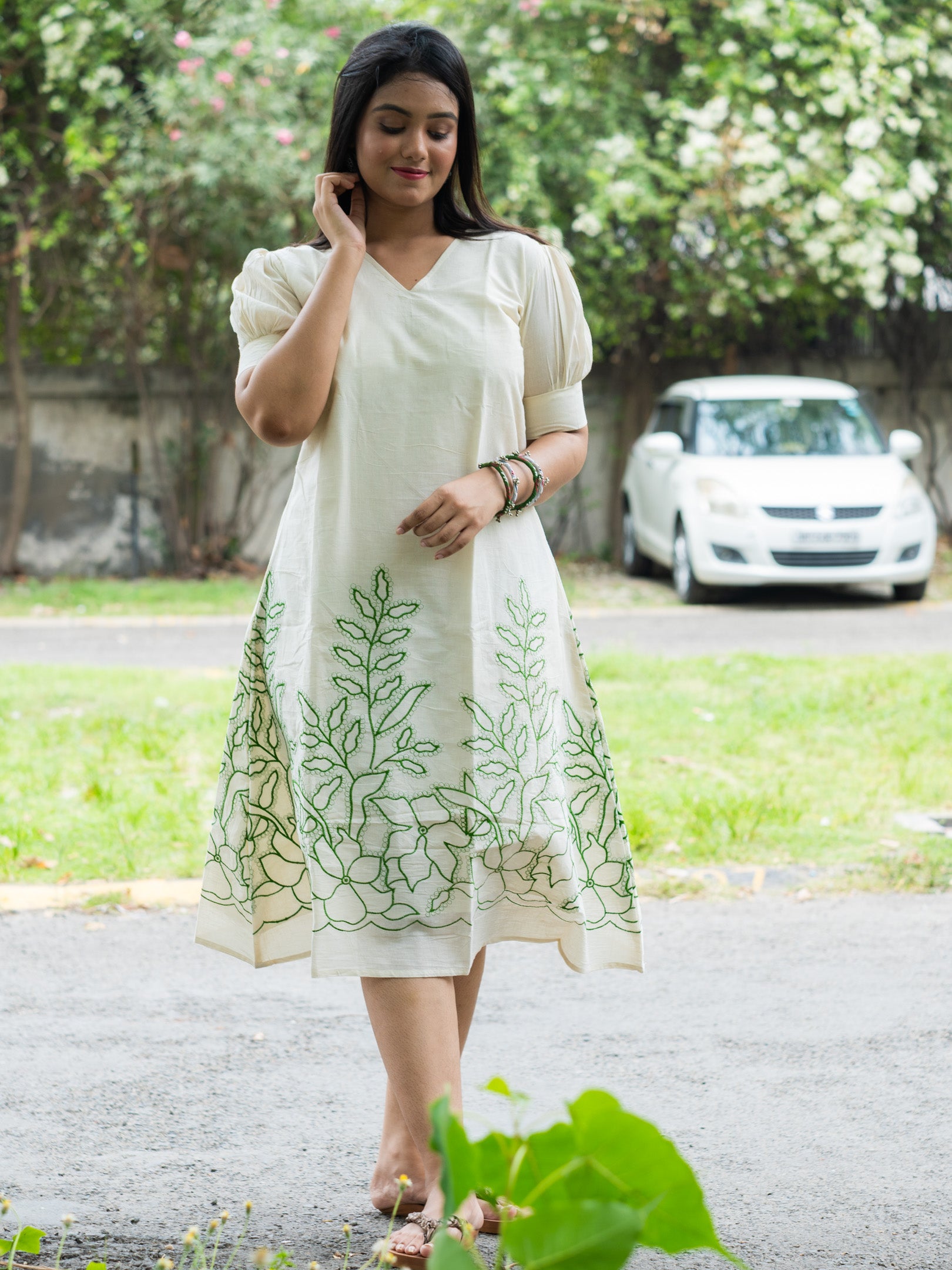 White Handspun Mint Leaf Floral Cotton Dress
