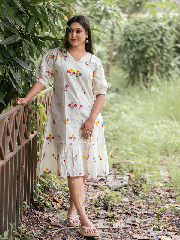 White Drape Hand Spun Cotton Dress - Uttariya