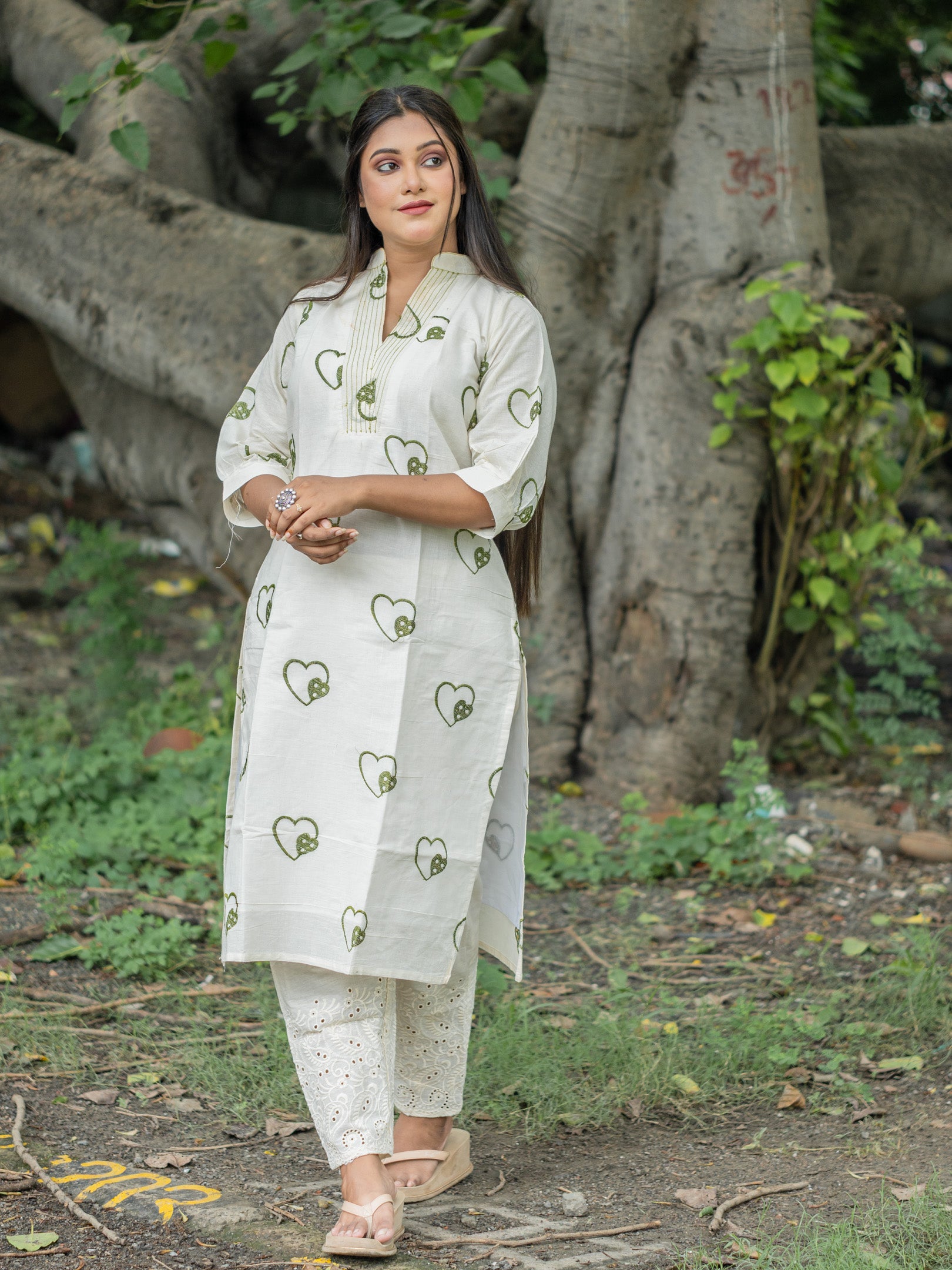 White Heartsong Ivory Embroidered Khadi Cotton kurta