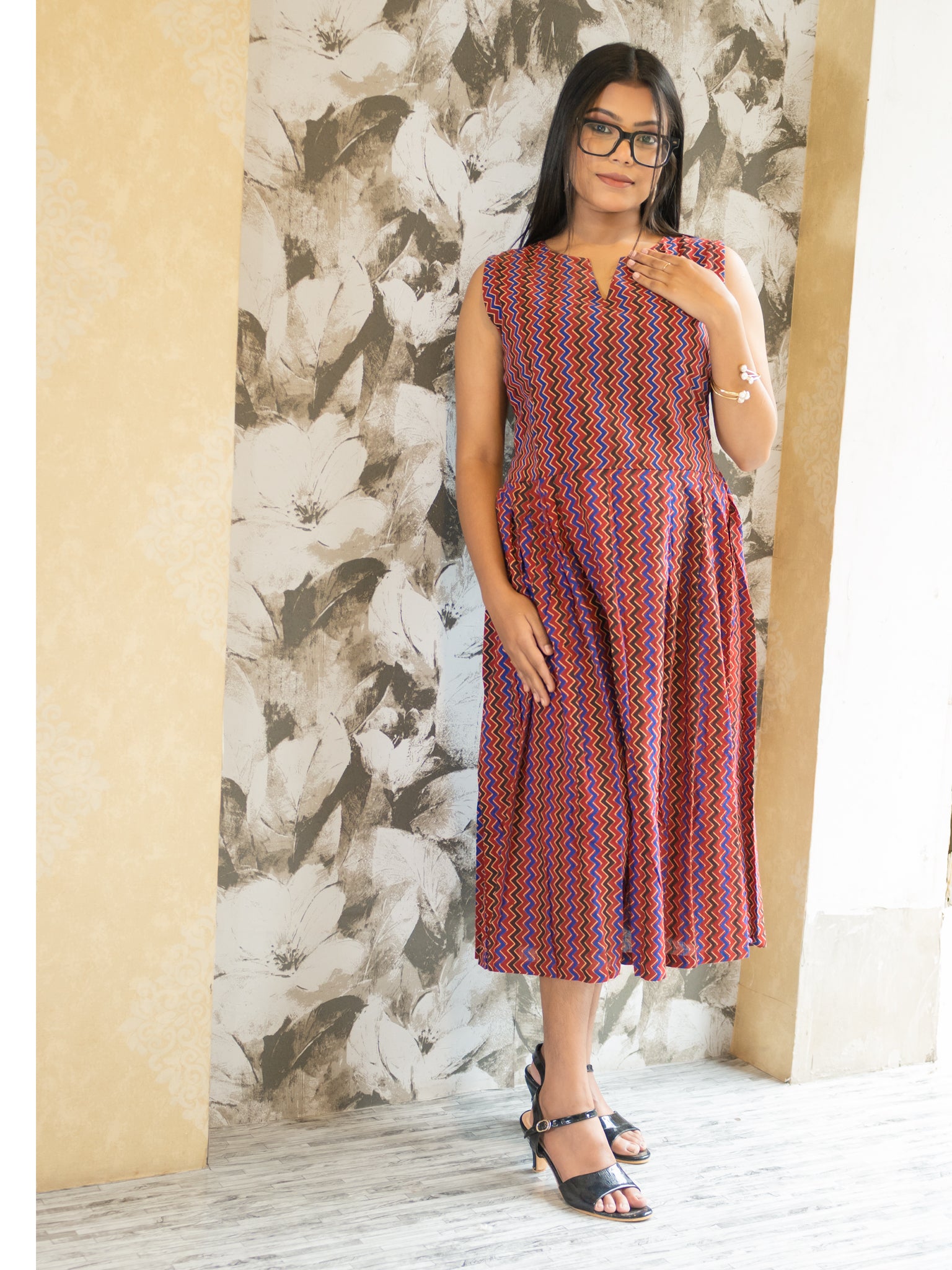 Russet Chevron Rhythm Brown Cotton Dress