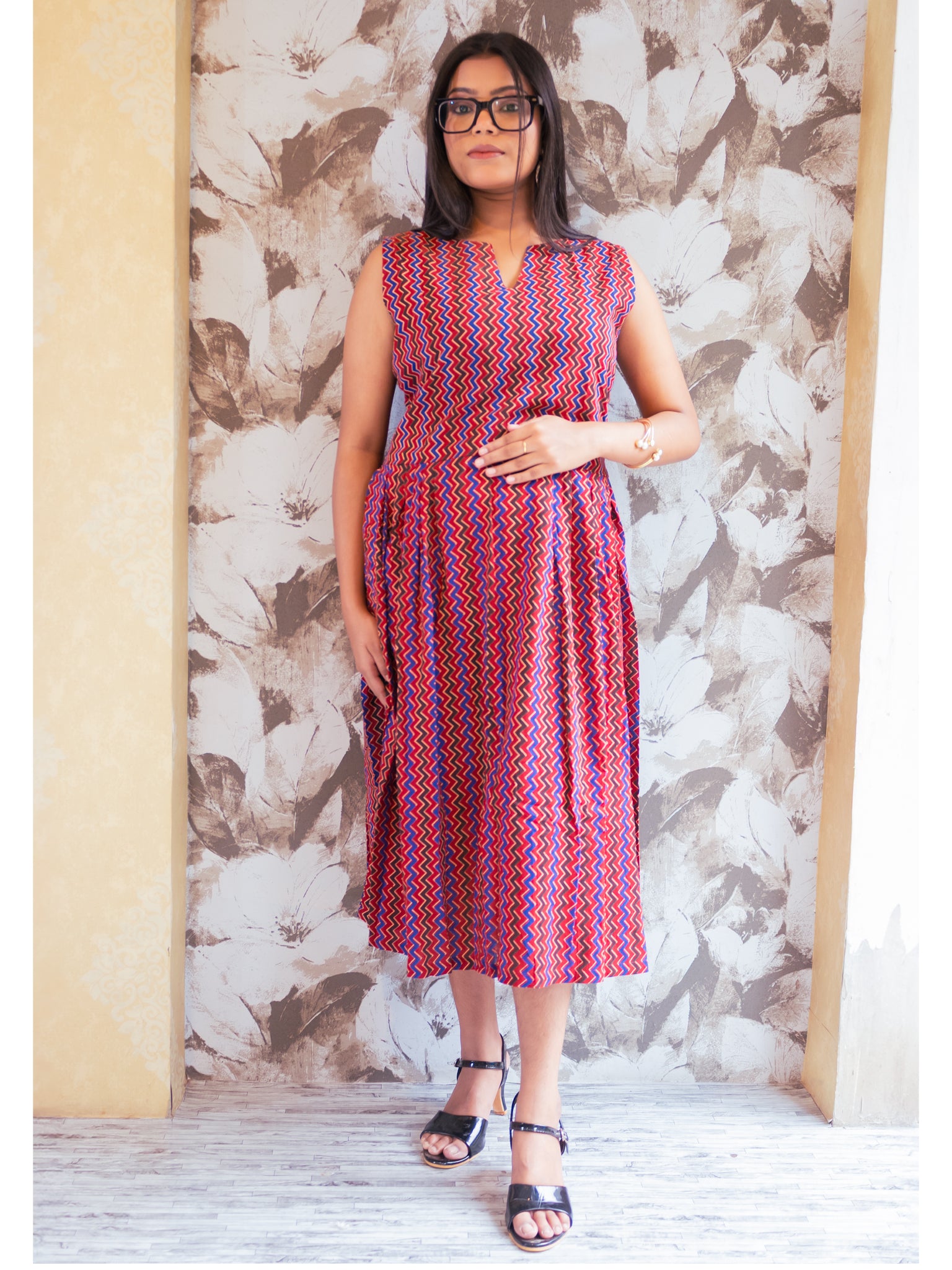 Russet Chevron Rhythm Brown Cotton Dress