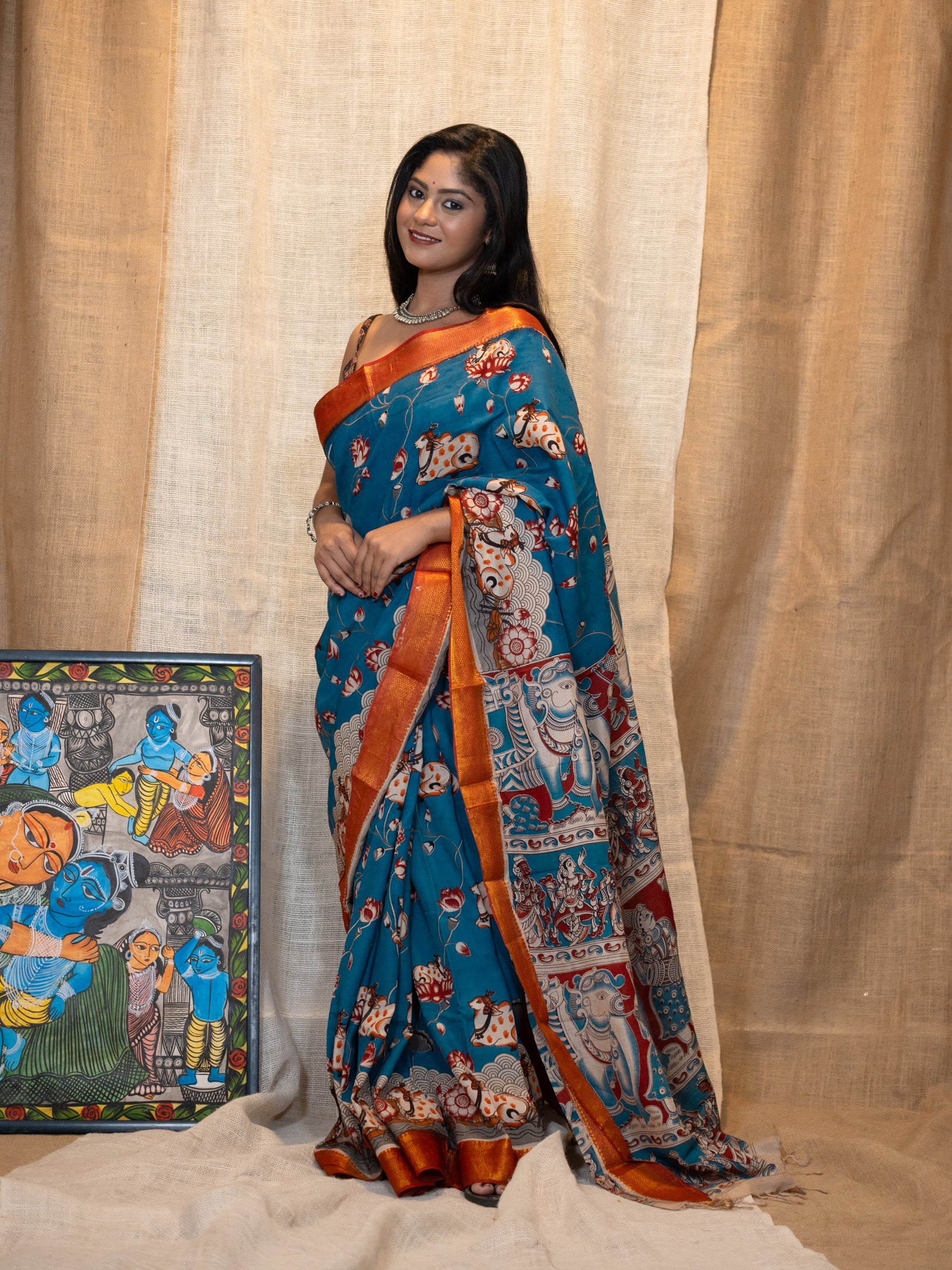 Nizami silk kalamkari with kanchipuram border Saree