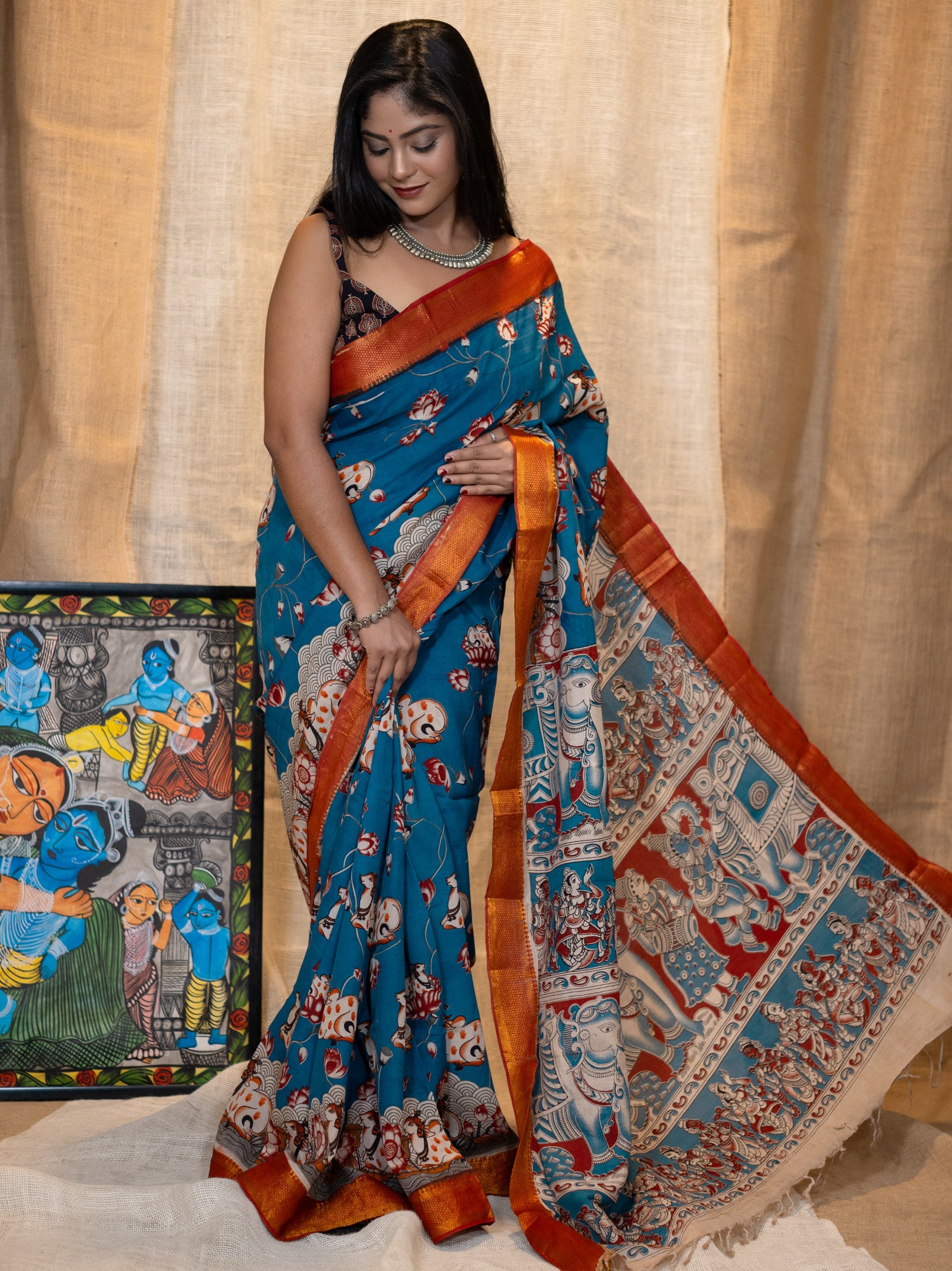 Nizami silk kalamkari with kanchipuram border Saree