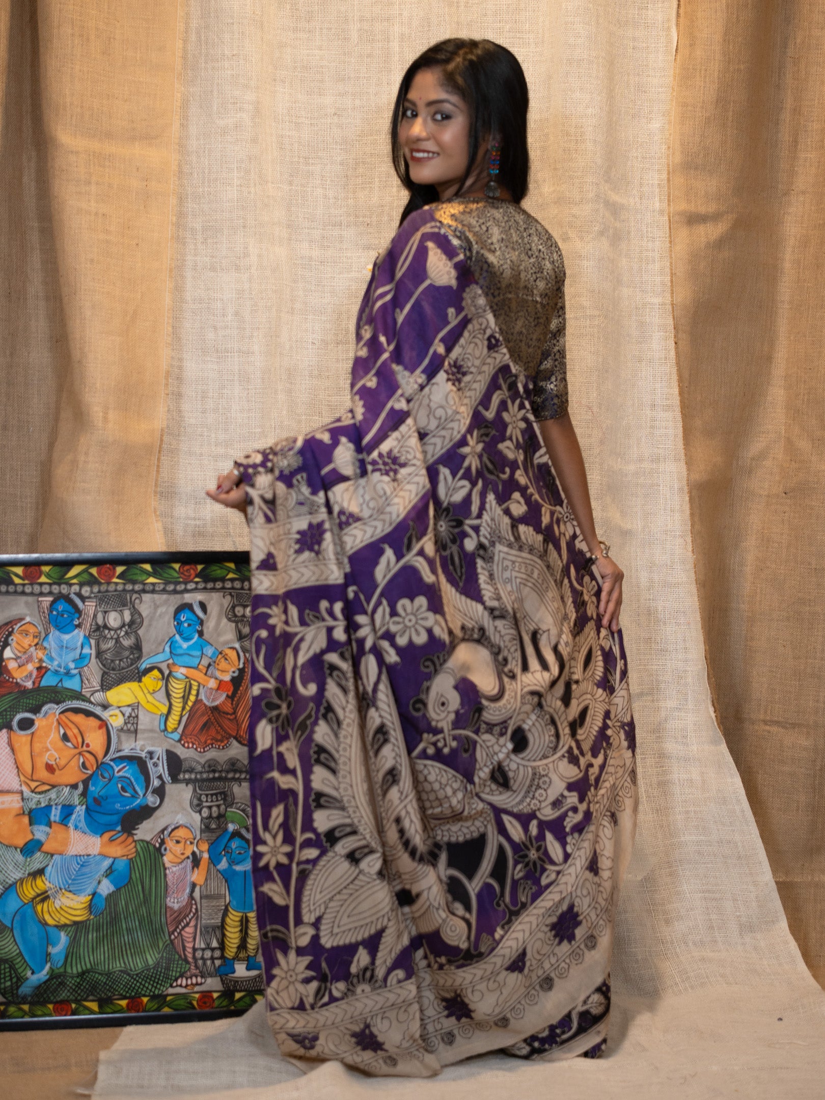 Nizami silk kalamkari with kanchipuram border Saree