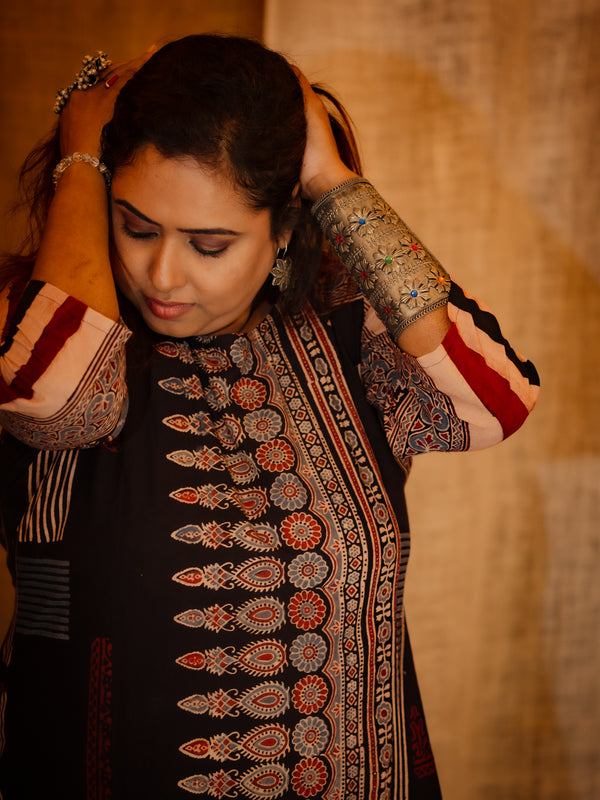 Black Ajrakh Cotton Kurta - Uttariya