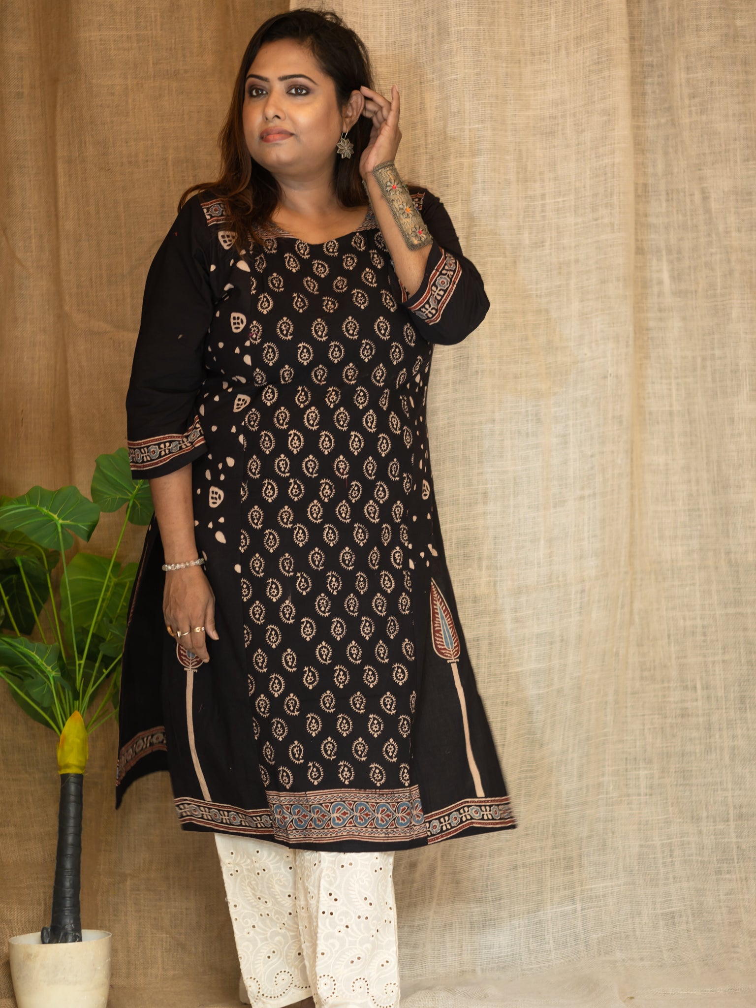Black Hand-block Design Cotton Kurta