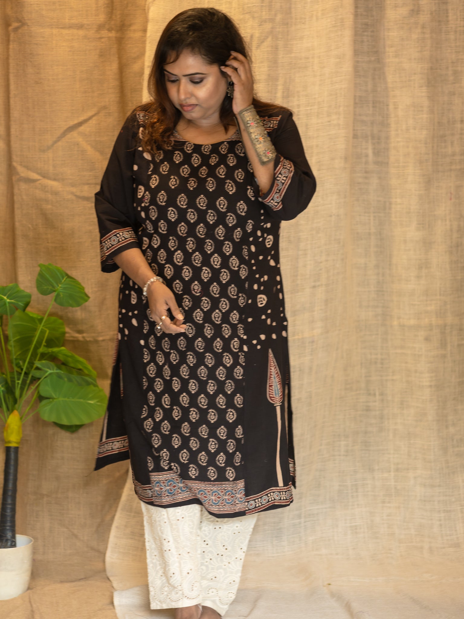 Black Hand-block Design Cotton Kurta