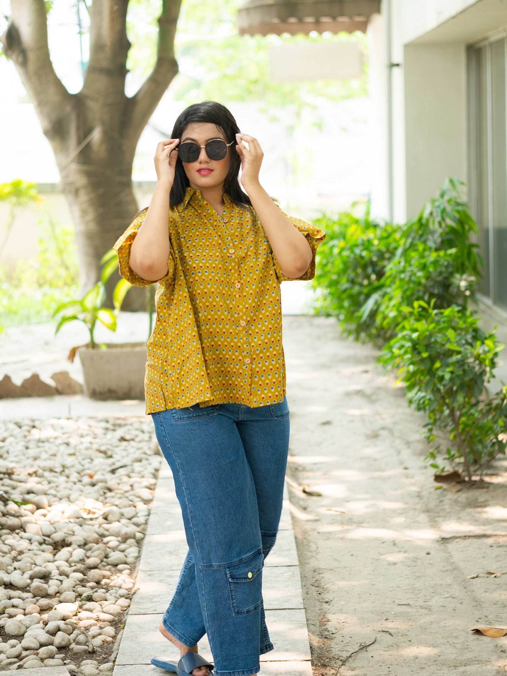 Yellow cotton printed shirt