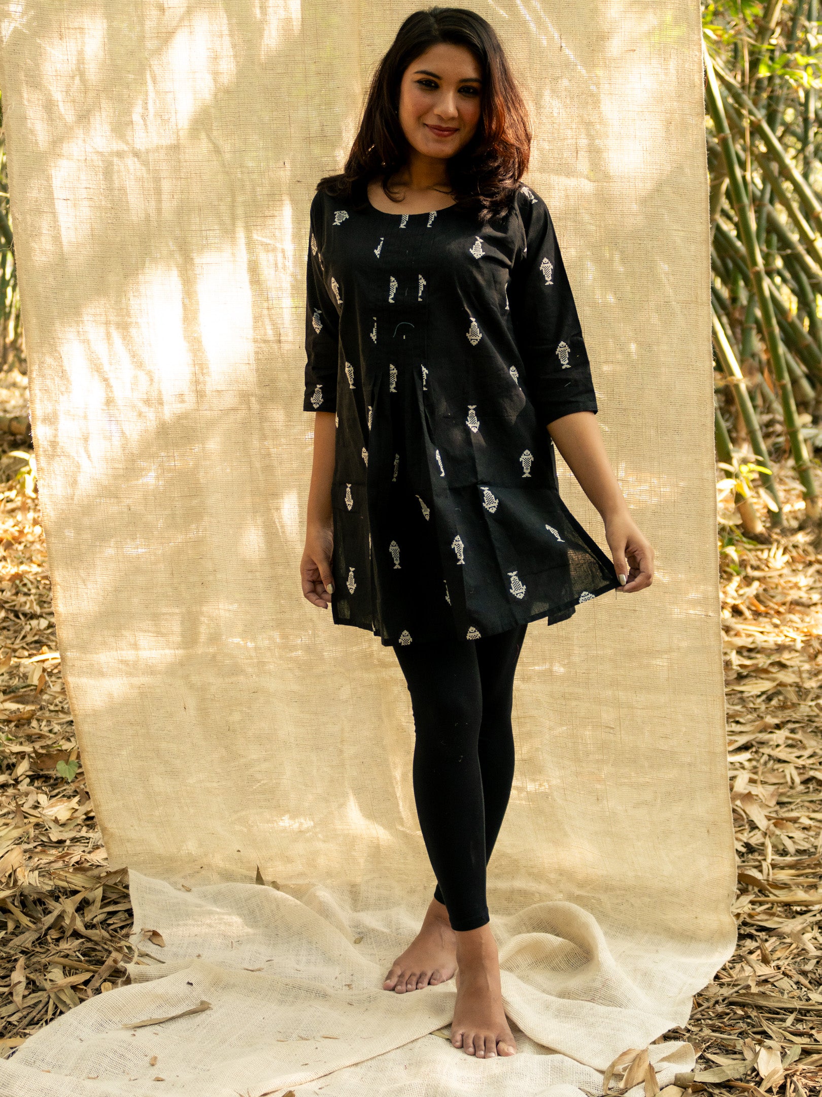 Jet Black Short Hand Crafted Cotton Kurta